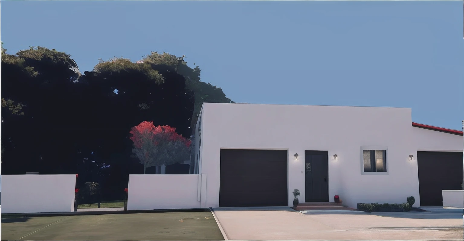 There is a white house with a red roof and a black door, ((gta 5 casa screenshot)), [ Fotorrealismo 4K ], realista estabelecendo tiro, semi-realistic rendering, renderizado no lumion pro, all white render, em estilo de realismo simplificado, Casa Japonesa, [ Fotorrealismo 4K ]!!, renderizado em lumion