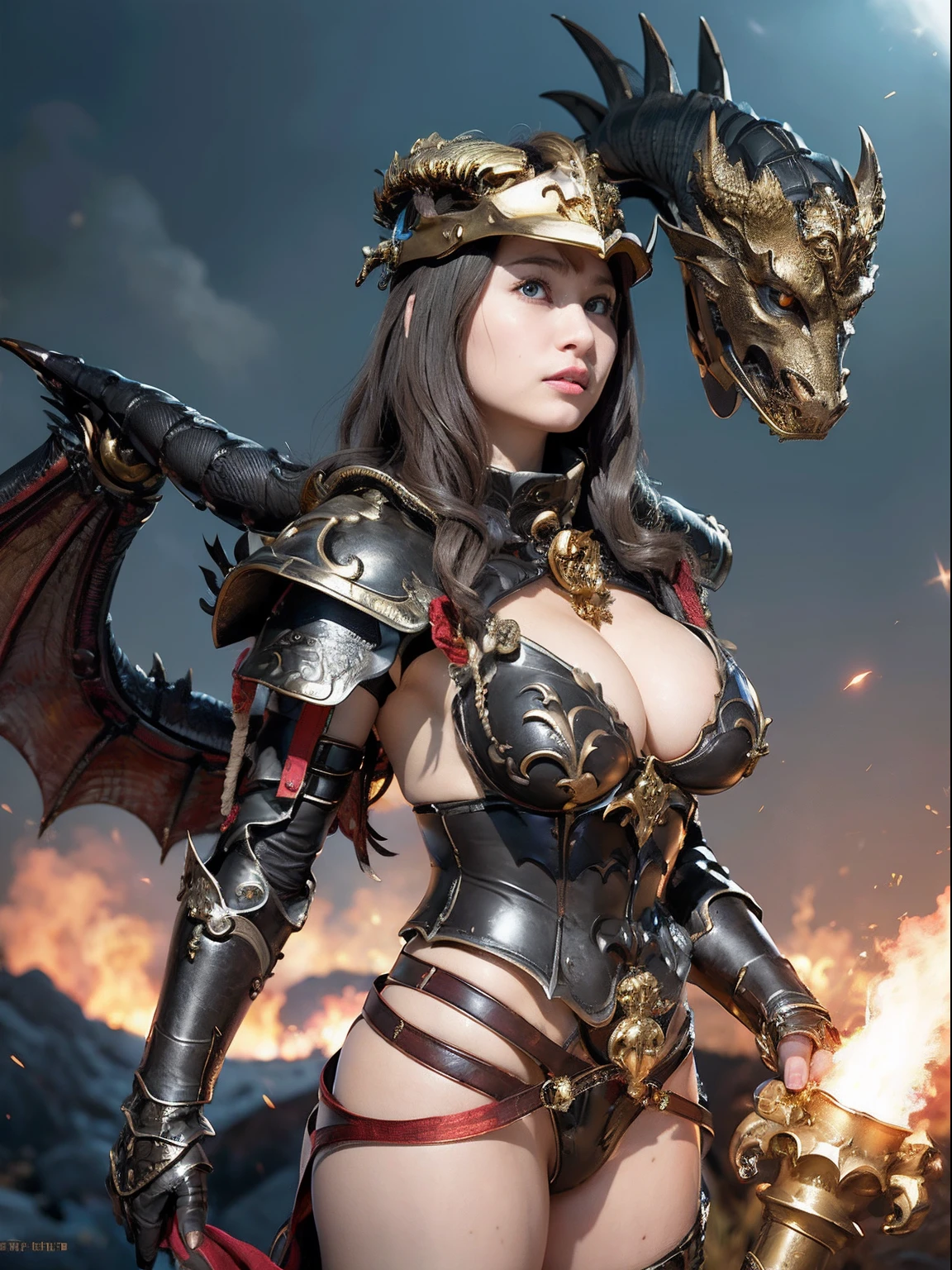 Professional , ​masterpiece、top-quality、photos realistic , depth of fields 、（Dragon Black Metal Body:1.９),(Mattretto、（cleavage of the breast）、Dragon Gold Weapon、（Micro Bikini Armor:1.４),Gorgeous gold weapons ,Particles of light、Particles of light、（（ Dragon's dense and gorgeous sword）） , （demonic wings）、（（a blond））、（Castle background）、（（Gangle's forest background））、Take intense poses、Beautiful Caucasian beauty、１a person、dynamic ungle,(((Detailed and ornate dragon helmet)))、Smaller head、A smile、Castle background、Thin and beautiful female hands、cleavage of the breast、Soldier in iron armor on background、Mystical expression、Light Effects、intense fighting、Wind-effect、magic circles、With the legendary magic wand、Dragon's tail、explosions、