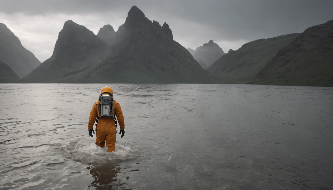 Matthew McConaughey in Interstellar, cosmonaut suit, walking on water scene, intricate details, epic scene, photography, cinematic lighting, volumetric lighting, etheral light, extremely detailed, volumetric rays