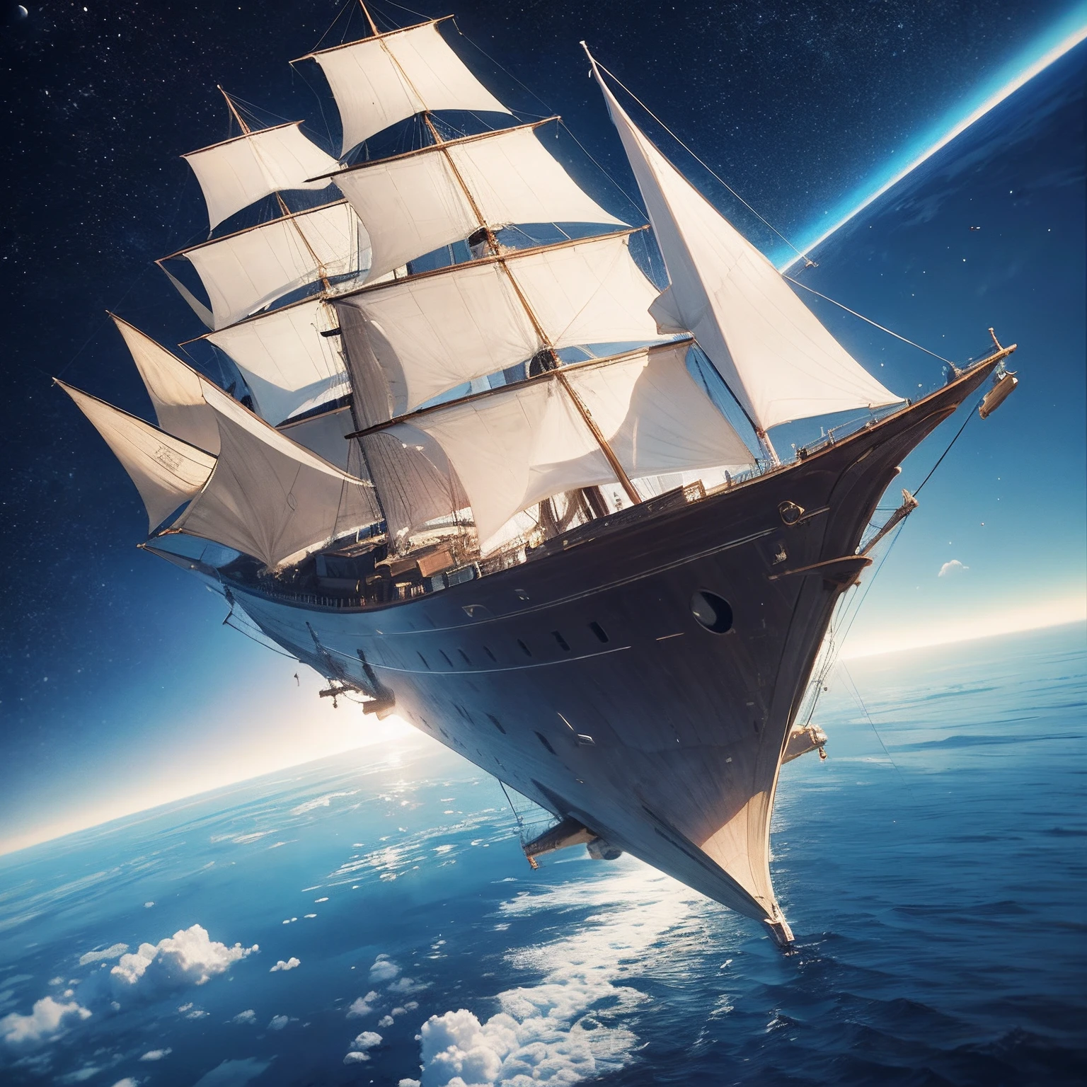 A cruiser under full sail flying through space.