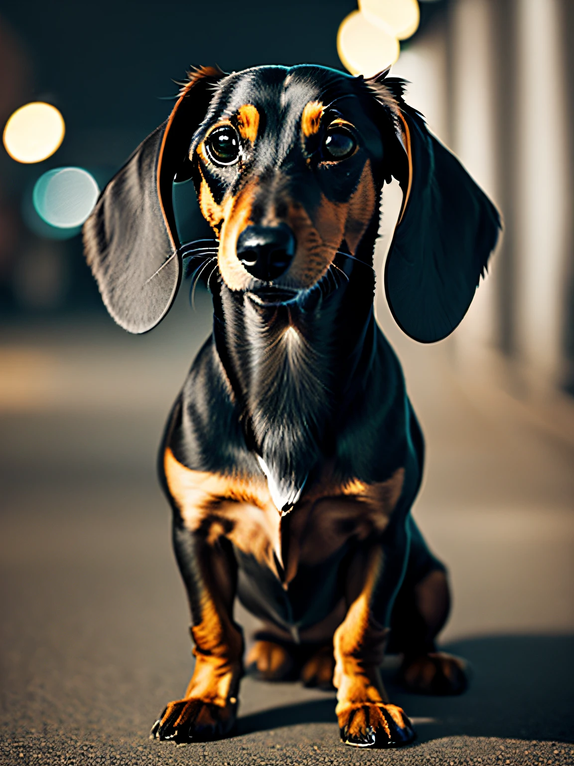Foto em close-up de um Dachshund na rua, Preto, volumetric soft light, (luz de fundo: 1.3), (Film: 1.2), detalhes intrincados, (art-station: 1.3), Rutkowski