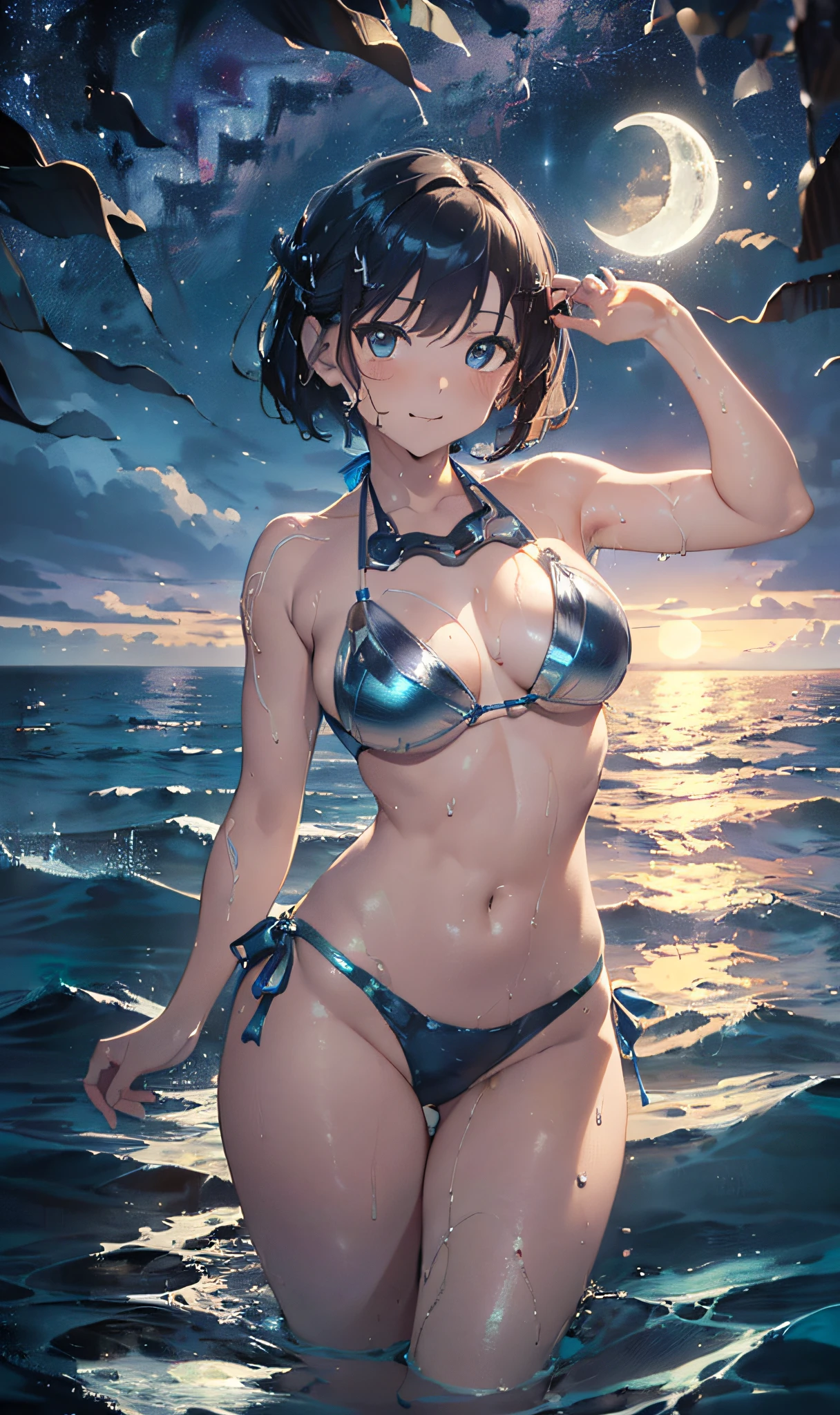 (Master masterpiece、The ultra -The high-definition、extremely fine and beautiful、Ultra-high power of 8 kilometers:2)、(Girl getting wet:1.4)、(looking at another:2)、(Clarity Metallic Blue Bikini:2)、(Transparent skin:1.6)、(short tail hair:1.8)、(Beautiful eyes:1.8)、、(Nominal body type)、(Glamorous:1.4)、(musculature:1.4)、(Thin thighs:1.6)、(Thin leg:1.6)、(A smile)、perfectly proportions,Correct anatomy、Good anatomy、(Moon and Milky Way:1.6)、(Dynamic Angle:1.6)、(sexypose:1.8)、(natta:1.4)、(the ocean at night:1.6)