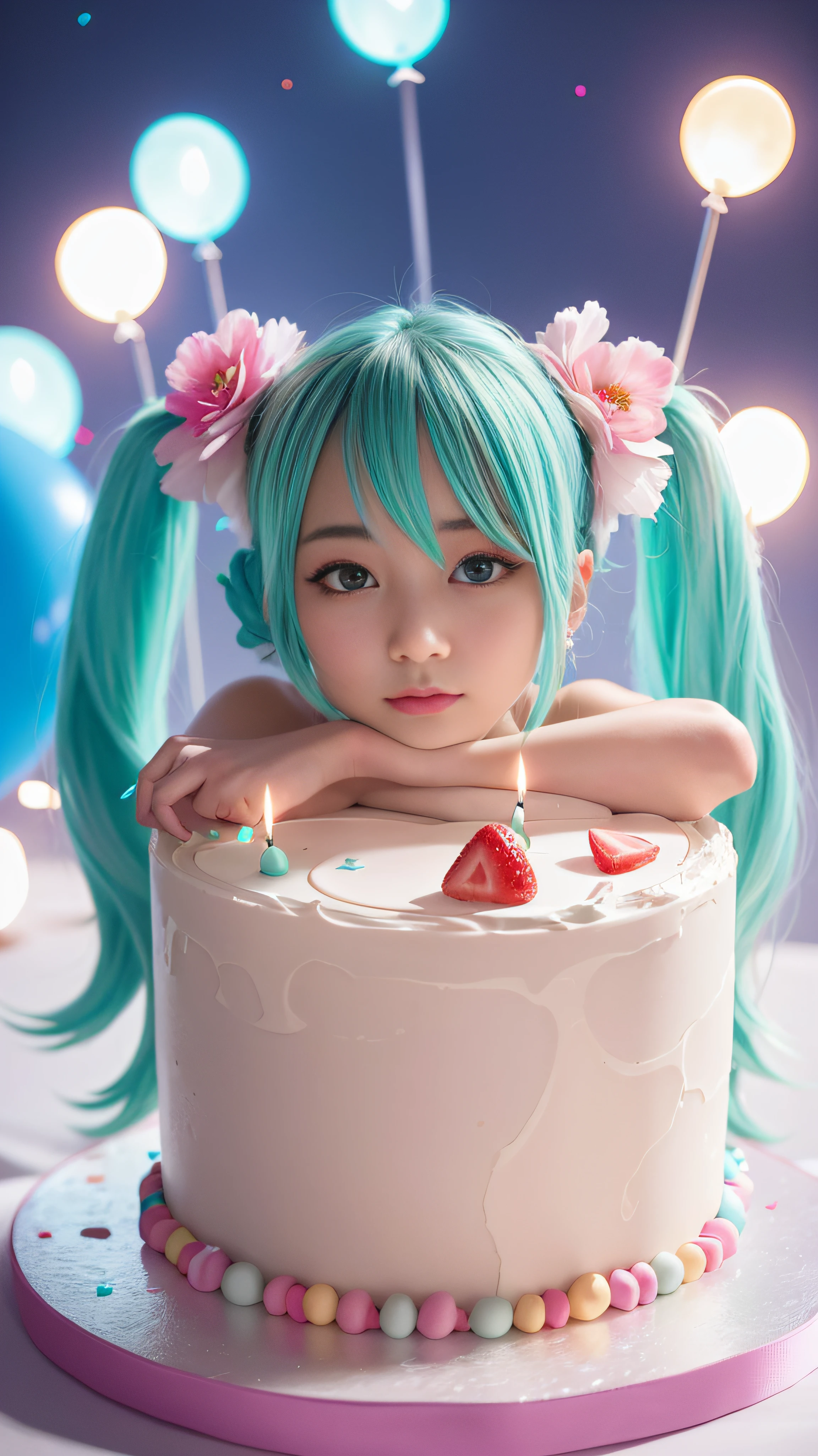 Hatsune Miku sits on a huge creamy birthday cake，The birthday cake is lit with colorful birthday candles，happy birthay，ssmile，exquisite facial features，Elaborate Eyes，Gentle and shy face，Peerless beautiful girl，Advancedsense，Hold the strawberry between the buttocks