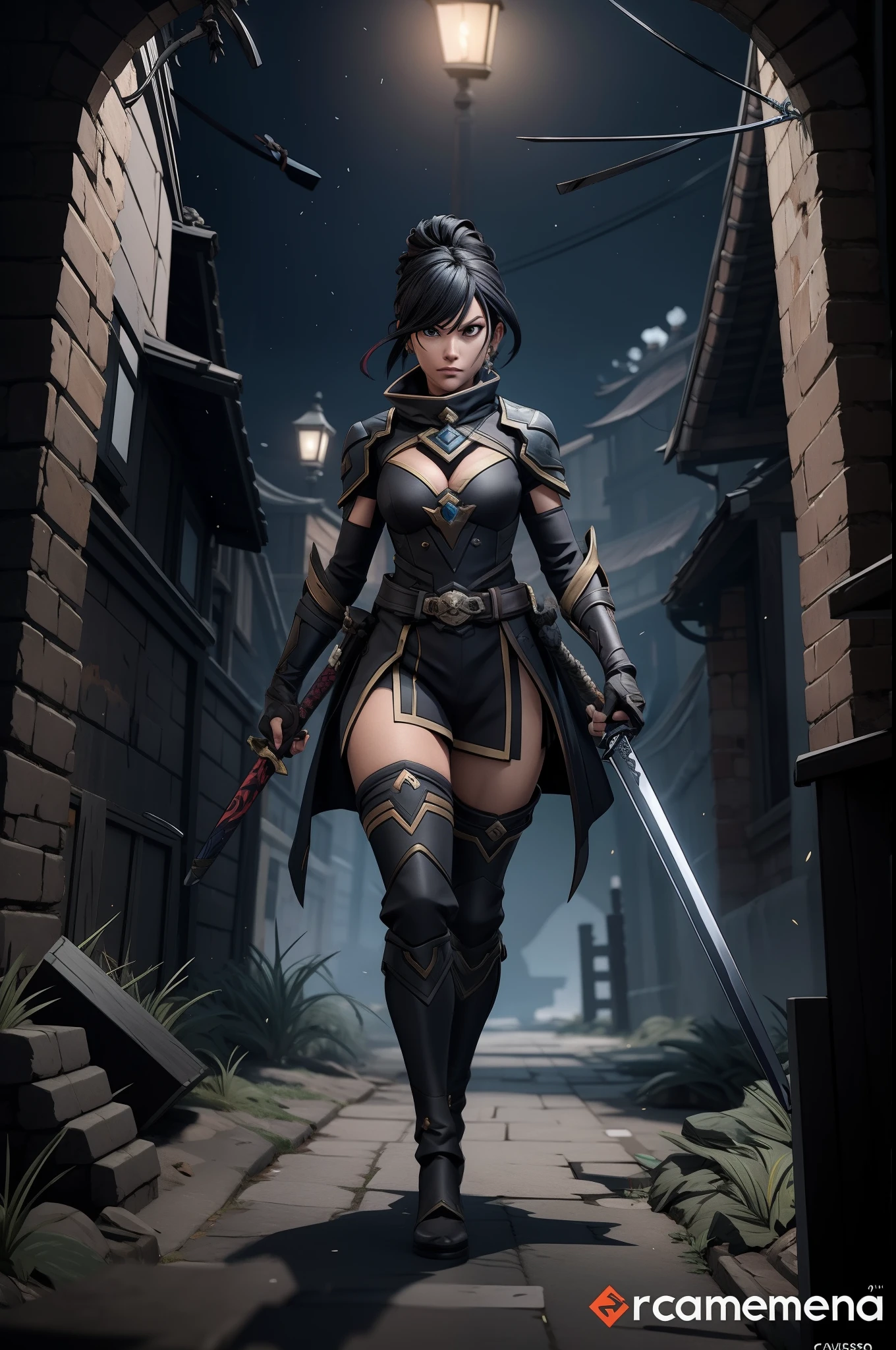 a woman in a black outfit holding a sword and standing in an alley, 2. 5 d cgi anime fantasia arte | |, female action anime girl, Menina da armadura, badass anime 8 k, por Yang J, Guweiz, anime epic artwork, Ou impacto de Ayaka Genshin, assassina feminina, Personagem de videogame Katana Zero, cavaleiro feminino, assassina feminina bonita