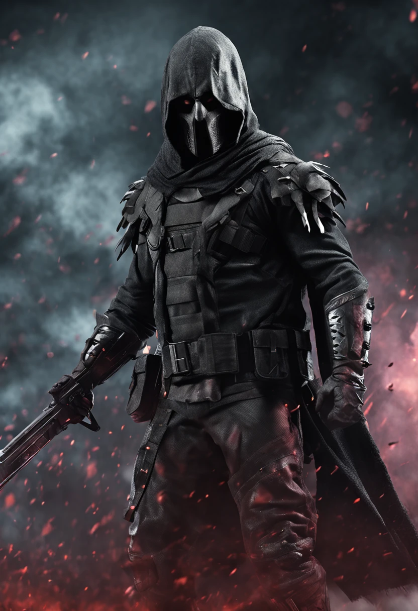 Realistic, 4k, dark Anjo negro com asas grandes, sem o rosto, roupas pretas, uma espada, Head hood on war background image (caos) terror apocaliptic