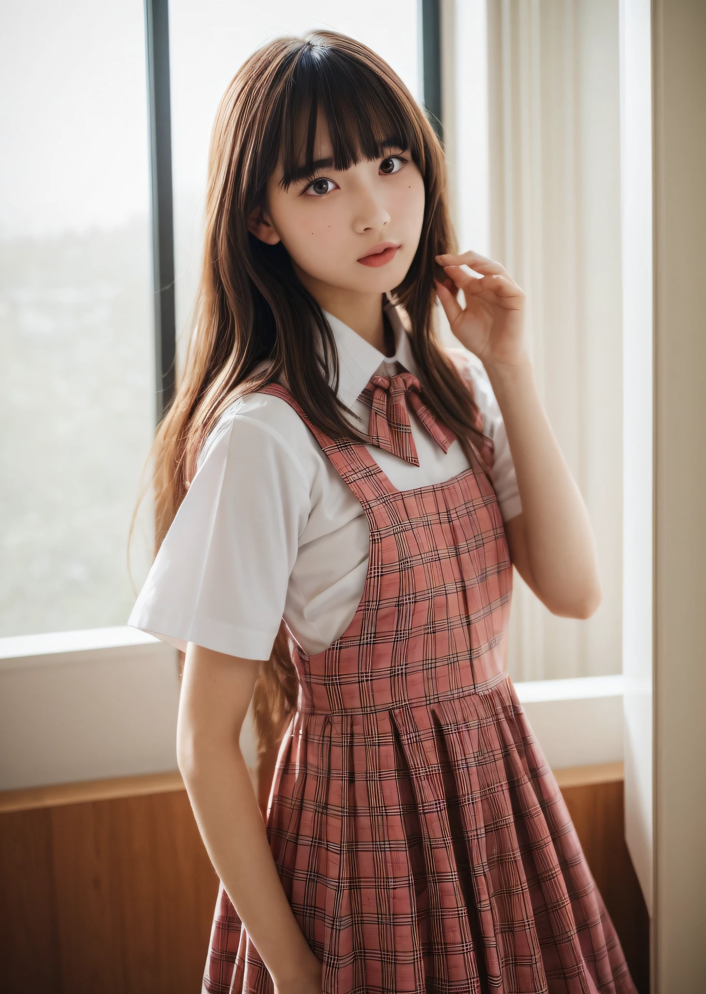 (solo),1girl,(tareme:1.2), (wear a  school uniform:1.3), (kawaii), (sepia hair,  bangs hair:1.2),
dress, ribbons,hair ribbon, hair ornament,hair flower, evil, looking at viewer, pink headwear,red eyes,symbol-shaped pupils, short sleeves, puffy sleeves, bangs, blush, blunt bangs, puffy short sleeves, jewelry, ribbon, plaid dress, makeup,eyelashes, necklace, wavy hair, indoors, messy room, window,sweet,girls's room,pink theme,painting \(medium\),teddy bear, stuffed toy, loaded interior,bedroom,(((otaku room))),  NaturalHand2-3500, Ultra-high quality photos, RAW photo, beautiful detailed face and eyes, (photorealistic:1.4), best quality, highres, realistic, 16k, caustics, Core shadow, dynamic light, beautiful and delicate lips, delicate fingers, detailed pupil, real human skin, (Extremely detailed),, (natural lighting :1.2), gochuumon wa usagi desu ka?, masterpiece, best quality, nostalgic