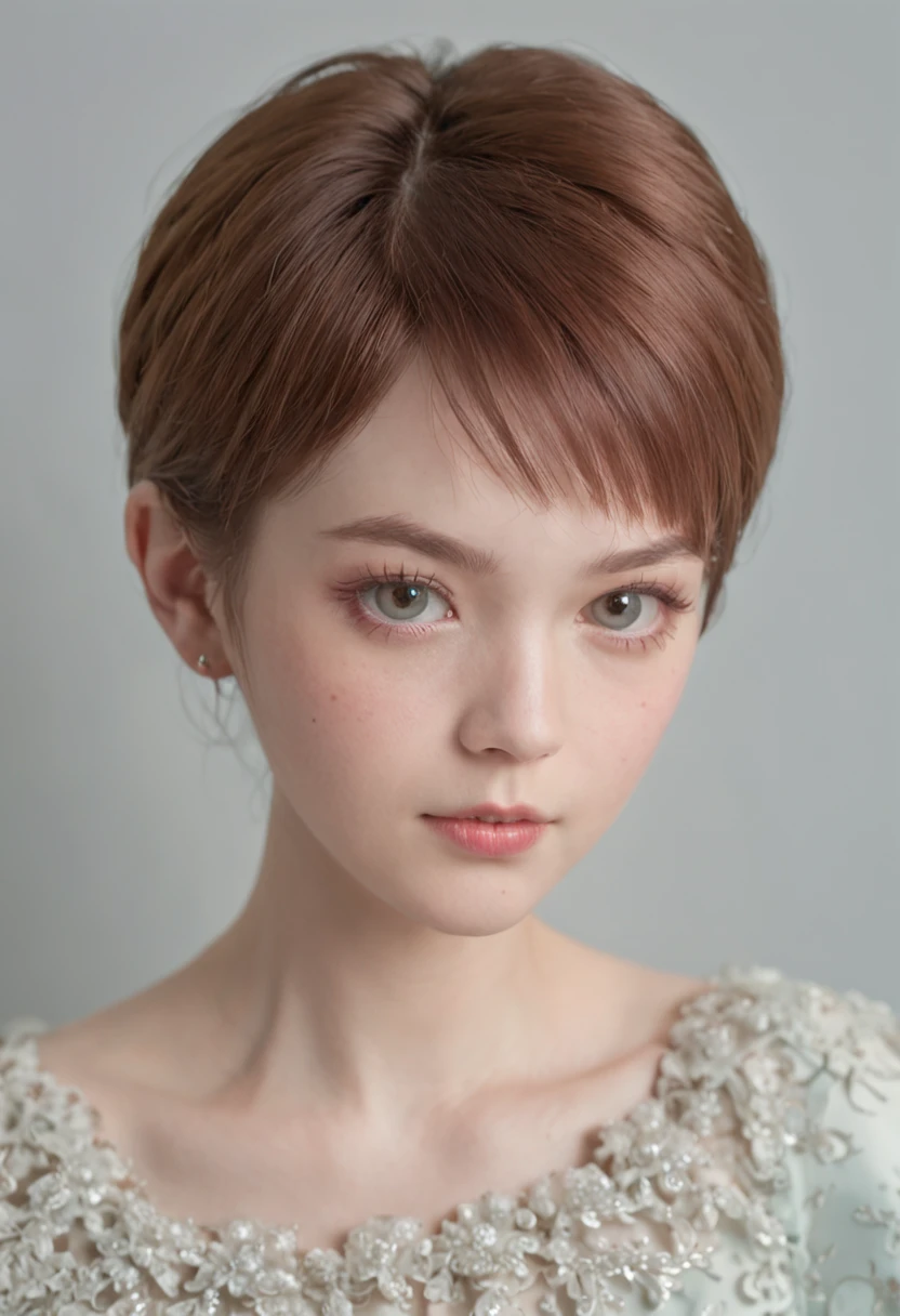 Ordinary Englishwoman、20yr old、drooing eyes、Short hairstyle、Little fat girl、Grumpy face