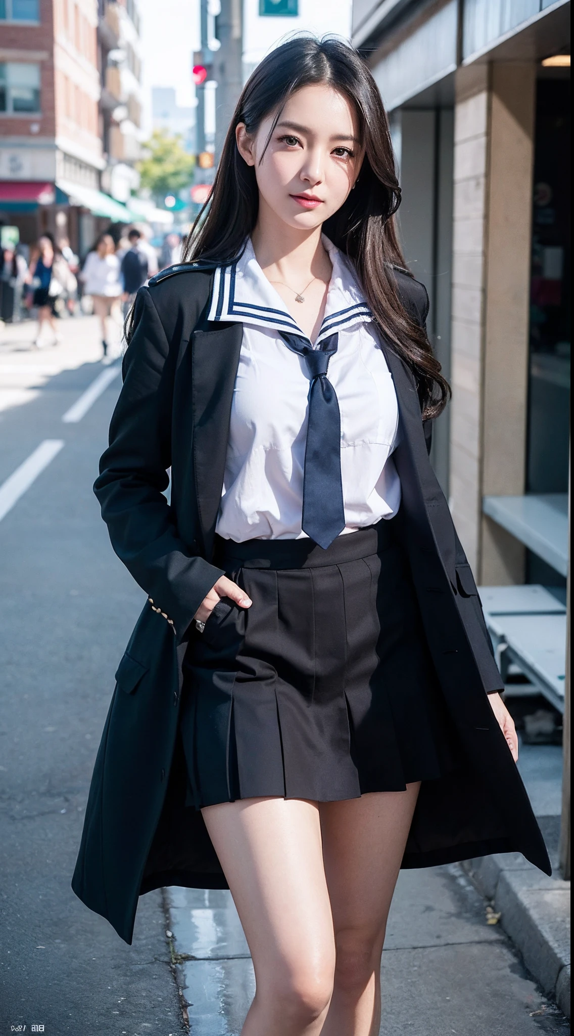 face is :9,3157126699], Realistic schoolgirl in uniform playing in the city, badness。serafuku、Seifuku, loose coat collar sailor uniform, Japan school uniform, A smile、Raw photo, (in 8K、top-quality、​masterpiece:1.2)、(intricate detailes:1.4)、(Photorealsitic:1.4)、octane renderings、Complex 3D rendering ultra detail, Studio Soft Light, Rim Lights, vibrant detail, super detailing, realistic skin textures, Detail Face, Beautiful detail eyes, Very detailed CG Unity 16k wallpaper, make - up, (detailedbackground:1.2),　shinny skin、turned around、Exposed thighs!!!、
