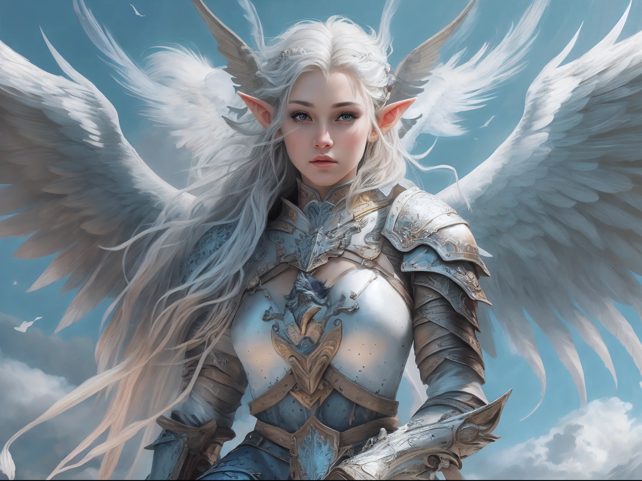 a picture of a beautiful female elf knight riding a Pegasus in the skies, female elf knight, extremely beautiful female elf (best details, Masterpiece, best quality: 1.5), ultra feminine, ultra detailed face (best details, Masterpiece, best quality: 1.5), determined face, ready for war, silver hair, long hair, wavy hair, dynamic eyes color, armed with a long sword, wearing heavy armor, elven armor (best details, Masterpiece, best quality: 1.5), white Pegasus, Pegasus wings spread, blue skies, some clouds in the background, fantasy art dnd art, RPG art magv1ll, Ultra-Wide Angle, high detail, award winning, best quality, HD, 16K, high details, best quality, absurd highres, ultra wide angle, photorealistic, ultra realistic [[anatomically correct]], high details, best quality, 16k, [ultra detailed], masterpiece, best quality, (extremely detailed), ultra wide shot, photorealistic,