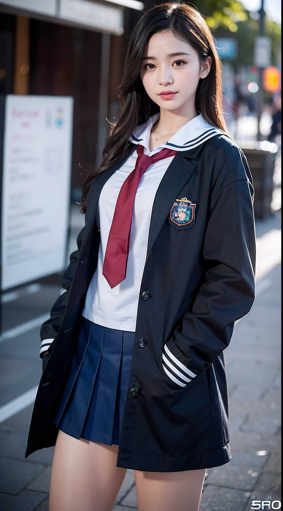 face is :9,3157126699], Realistic schoolgirl in uniform playing in the city, badness。serafuku、Seifuku, loose coat collar sailor uniform, Japan school uniform, A smile、Raw photo, (in 8K、top-quality、​masterpiece:1.2)、(intricate detailes:1.4)、(Photorealsitic:1.4)、octane renderings、Complex 3D rendering ultra detail, Studio Soft Light, Rim Lights, vibrant detail, super detailing, realistic skin textures, Detail Face, Beautiful detail eyes, Very detailed CG Unity 16k wallpaper, make - up, (detailedbackground:1.2),　shinny skin、turned around、Exposed thighs!!!、