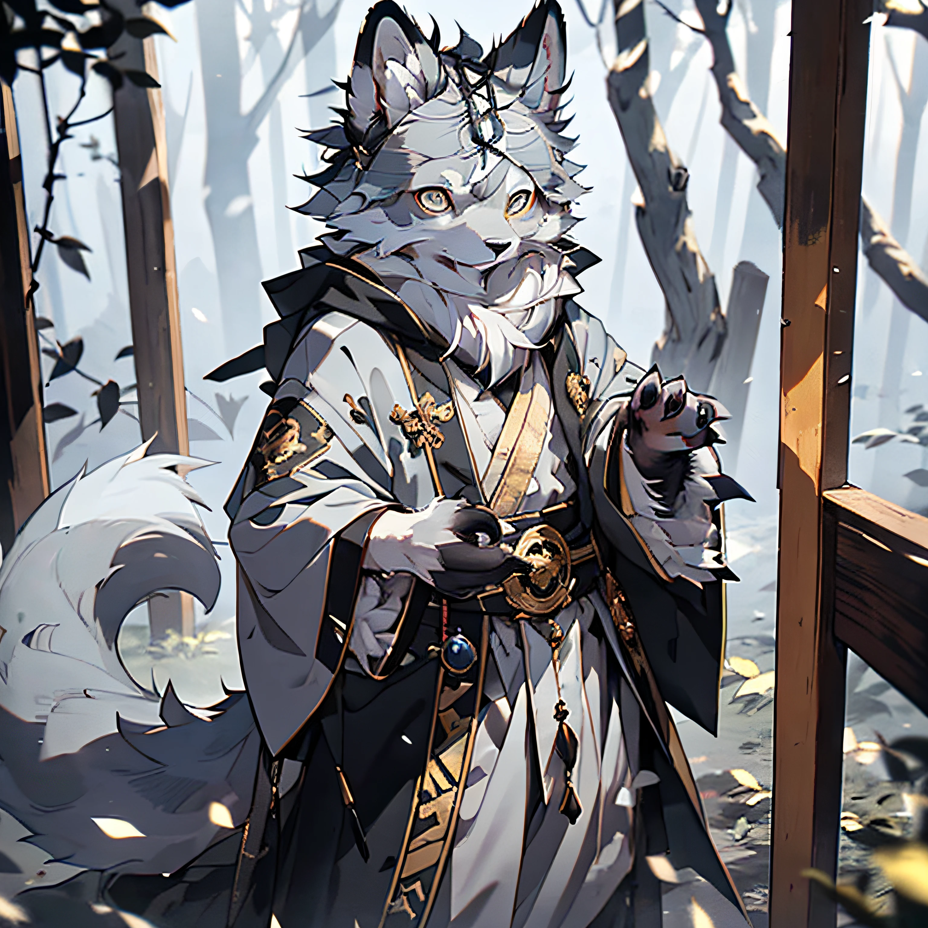 High- sharpness,hyper qualit,A high resolution,1080p,(((独奏))),Orc symbaroum,arctic fox,Male:1.5,Gray fur:1.3,gray colored skin,grey ears,Golden eyes,Sharp claws,(Fluffy tail:1.2),Sorcerer's robe,((magestic)),the complex background