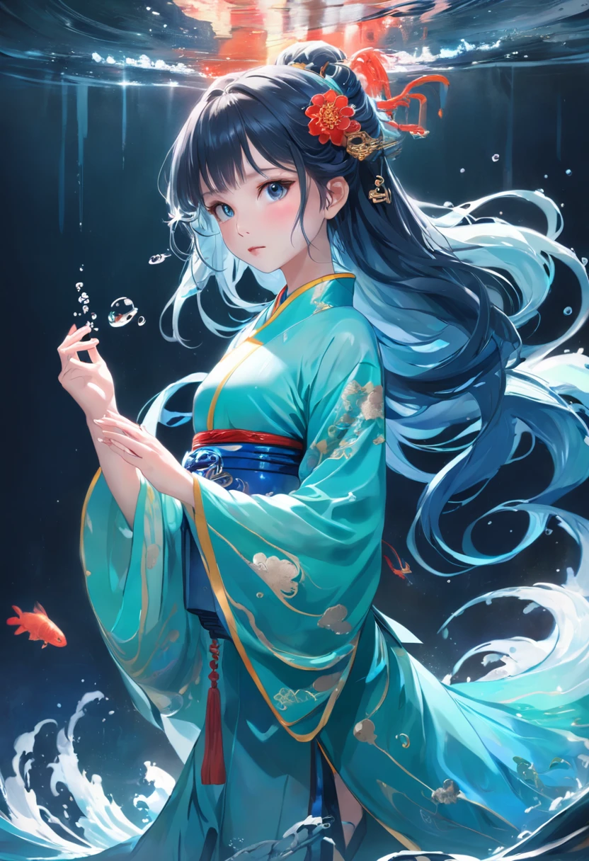 ((Masterpiece,Best quality)),(1girll, Solo:1.4),美丽细致的眼睛,floated hair,Under the water,Buble,Fluorescence,Water made up of girls,Gorgeous Chinese costumes,clean backdrop,National tide wind,clouds,wave,Eau,wave,Water Technique,1girll,Flying long hair,florals,An oriental dragon composed of water,Cyan and white,Works of masters,HighestQuali,high detal,8K