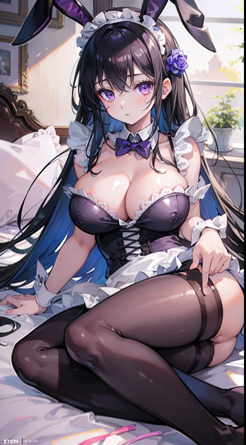 High quality, masterpiece, ultra-detailed, 1girl, bunny maid outfit, solo, peaceful expression, long black hair, enchanting purple eyes, bunny ears, ridiculously large breasts, shiny skin, bedroom
