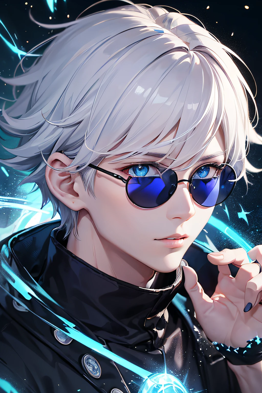 1boy,, white  hair, blue eyes, With black overcoat,silber hair　short-haired　male people　Black clothes((high detailing、Cinematic lighting))、messy white hair、Aquamarine eyes、White lashes、god rays、Ray tracing、drop shadow、The upper part of the body、Looking at the camera、masutepiece、((Super Detail、Best Quality、8K))、Jujutsu Kaisen、Gojo Gojo、Black attire、Surgical unfolding、Blue Sky Background、serene expressions、powerful being、mystic atmosphere、(Strange moonlight、ominous shadows、 Intense blue aura、 Intense blue aura、Symbol of the power that surrounds him、Radiating magical energy、Mystical artifacts、Ether particles、dynamicposes、Epic soundtrack、(((Detailed hand)))、Lunette de soleil　lips are pink　lipgloss　Round sunglasses