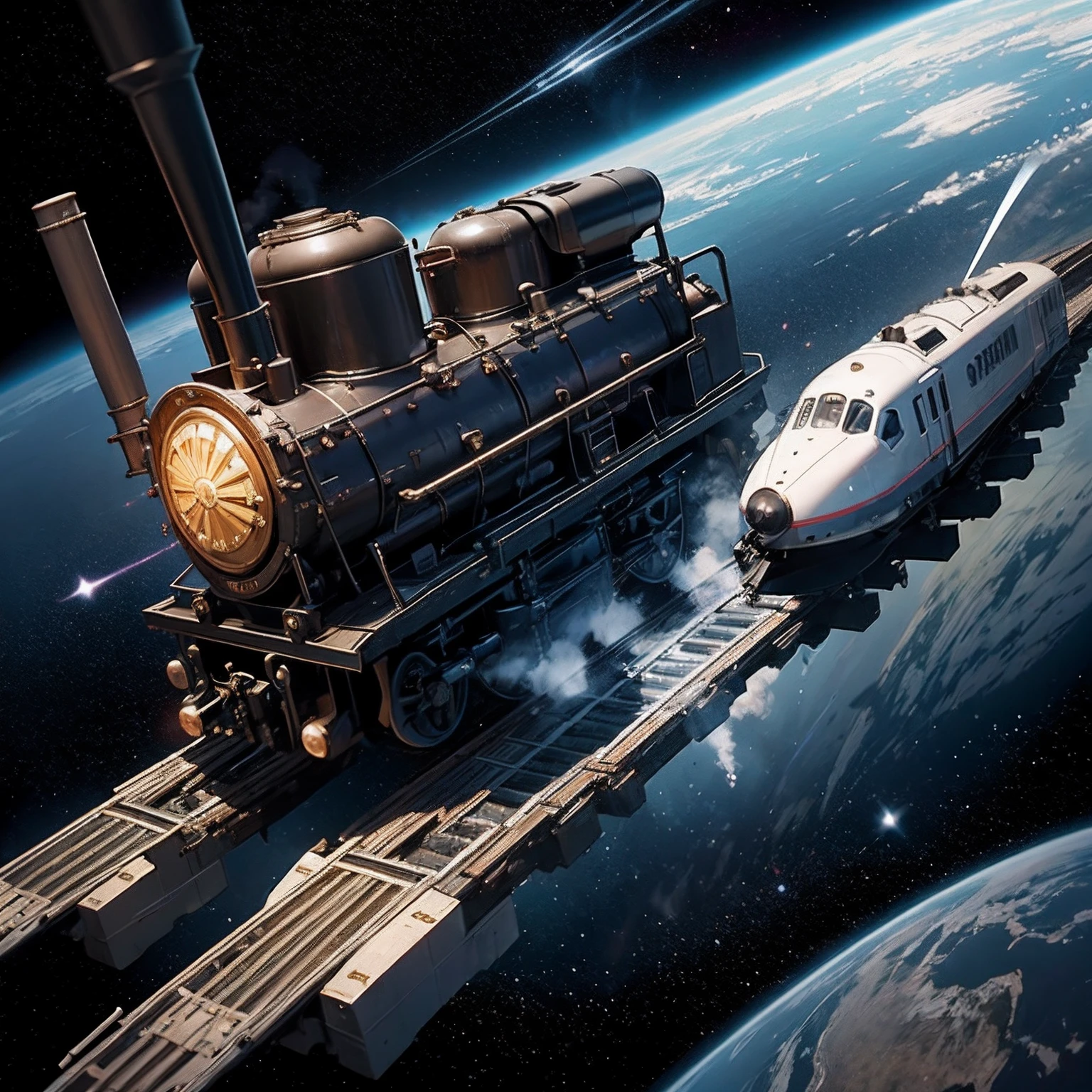 cosmic space、nffsw、Japan Steam Locomotive Type C62、Steam locomotive running in outer space、Galaxy Railway、Floating Train、Without rails
