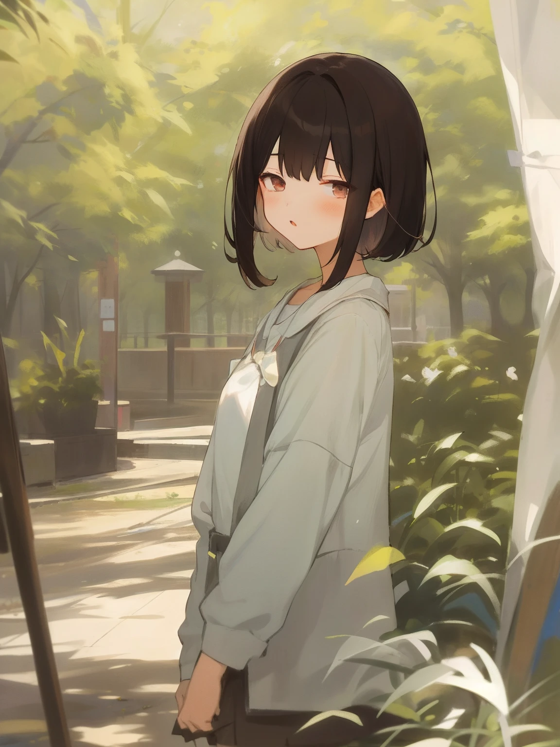 masterpiece, top-quality, 1girl in, The upper part of the body,,shorth hair, , A dark-haired, Casual clothing, frilld,natta、absence、sleepy、yawns、The viewer is the viewer's gaze