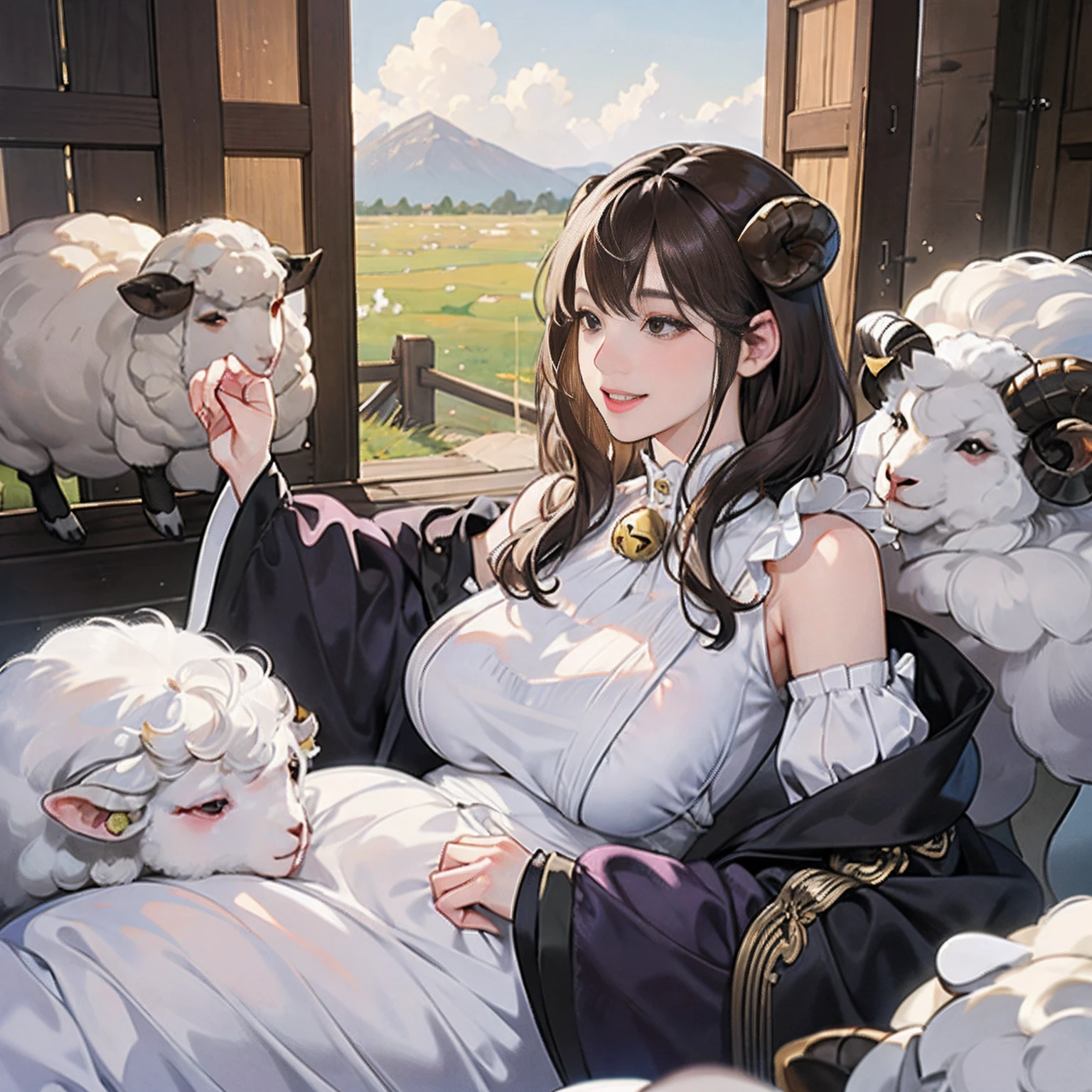 Women in Their 20s、 Fantasia、offcial art, unity 8k wall paper, ultra-detailliert, beautifly、Aesthetic, ​masterpiece, top-quality, Photorealsitic、Black eyes、White horn、White swirling horns、dark brown hair、Sheep Woman、Sheep's ears、Milky sheep horns:1.6、Collar with bell:2.0、Mokomoko Dress、Generative Fabric、Milky cotton clothes、depth of fields, Fantastic atmosphere, Calm palette, tranquil mood, Soft shading、bbw、very large breast、plump figure、Huge breasts、Ranch on the mountain、wooden fence、Flock of sheep:1.6、Happy smile、Playing with sheep、Smile with small teeth visible