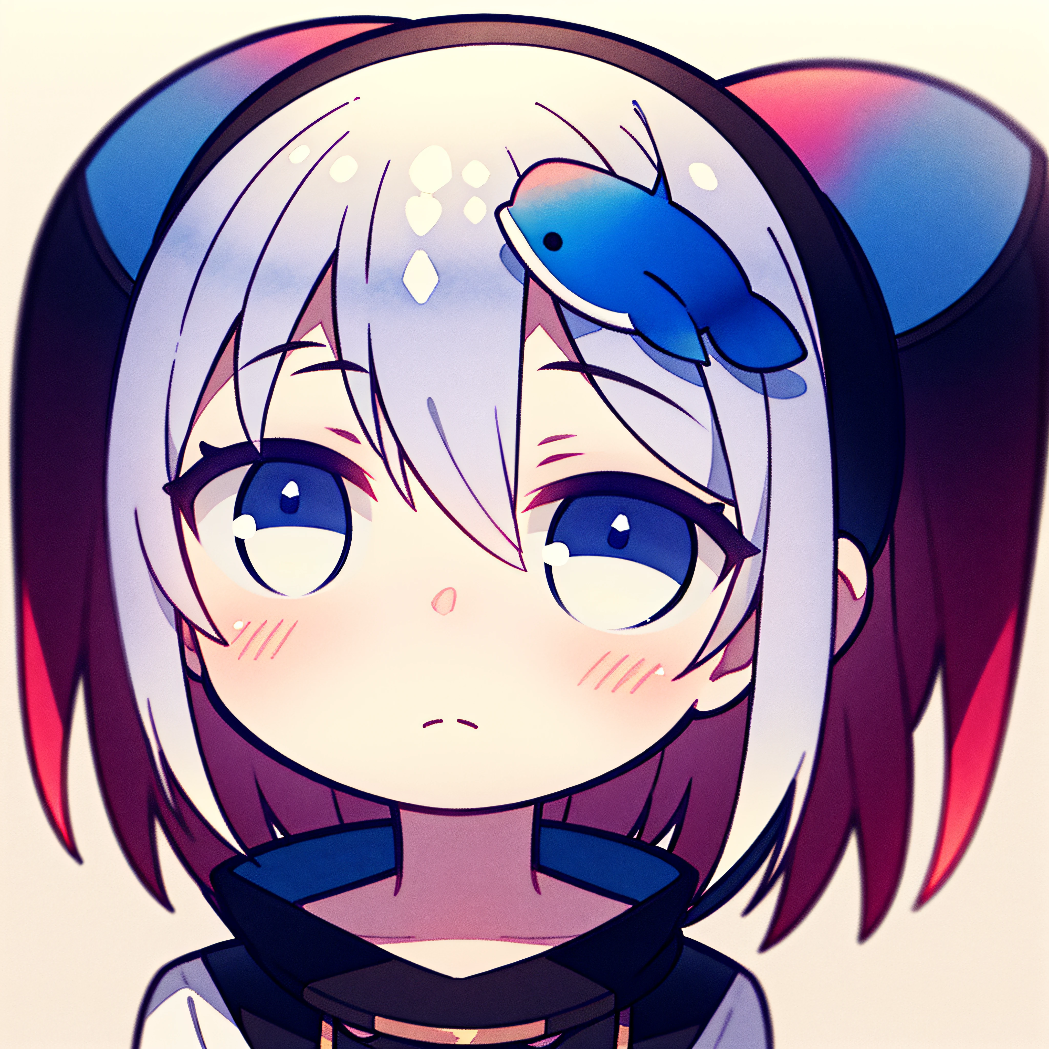 fish on the head, solo, 1 girl, looking at viewer, upright, concept art, white background, simple background, white hair, gradient hair, short sleeves, watercolor pencil, expressionless, blush, virtual youtuber