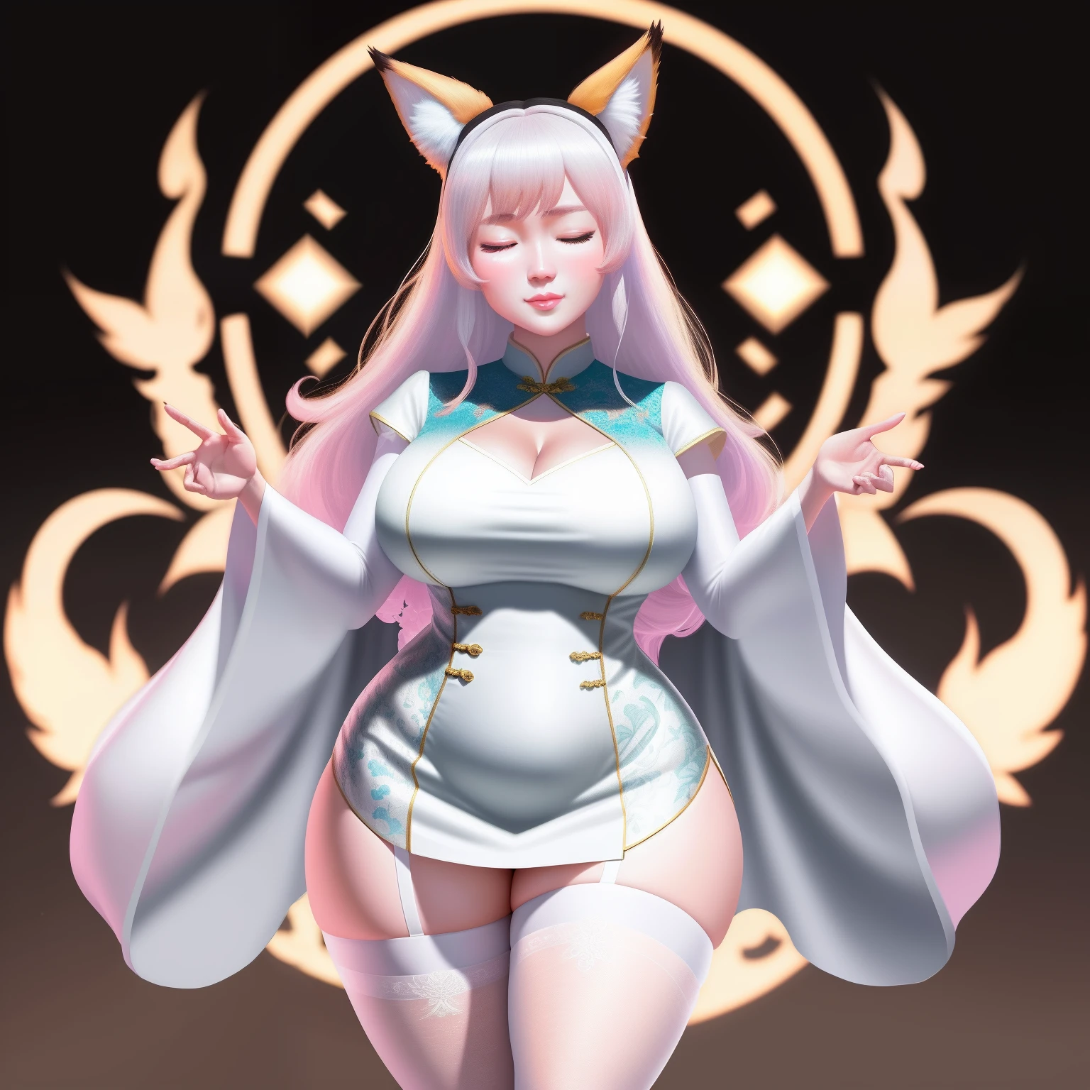 white stockings, on cheongsam, Big breasts and fat buttocks, Ladylike, fox ears, eyes closed, chromatic aberration, sparkle, rococo style, close-up, first-person view, 8k, super detail, anatomically correct, textured skin, high quality, award winning, highres