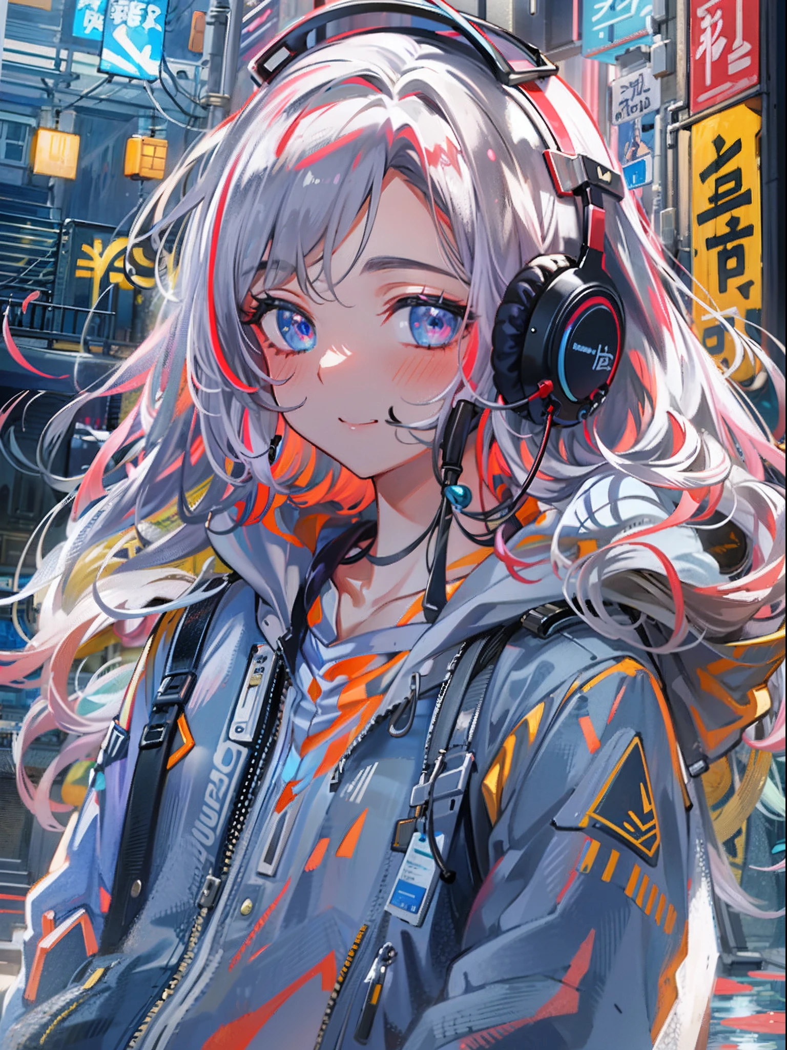 8K分辨率、((top-quality))、((​masterpiece))、((ultra-detailliert))、1 woman、独奏、incredibly absurdness、Oversized hoodies、headphones、Street、plein air、Sateen、neons、Shortcut Hair、Brightly colored eyes、Hands in pockets、shortpants、water dripping