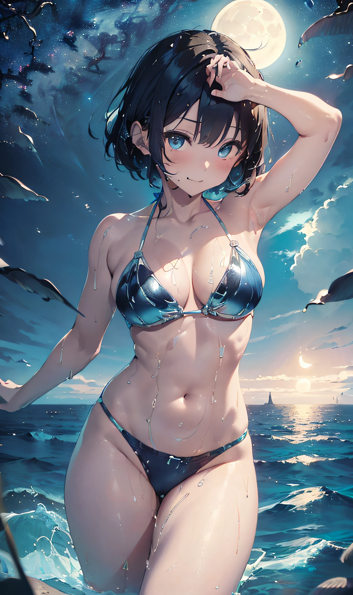 (Master masterpiece、The ultra -The high-definition、extremely fine and beautiful、Ultra-high power of 8 kilometers:2)、(Girl getting wet:1.4)、(looking at another:2)、(Clarity Metallic Blue Bikini:2)、(Transparent skin:1.6)、(short tail hair:1.8)、(Beautiful eyes:1.8)、、(Nominal body type)、(Glamorous:1.4)、(musculature:1.4)、(Thin thighs:1.6）、(Thin leg:1.6)、(A smile)、perfectly proportions，Correct anatomy、Good anatomy、(Moon and Milky Way:1.6)、(Dynamic Angle:1.6)、(sexypose:1.8)、（natta:1.4）、(the ocean at night:1.6)