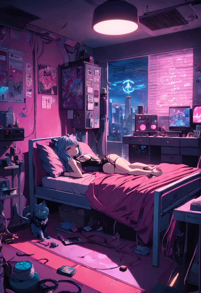 Beth,Cat lady,cyberpunk scene,Bedrooms