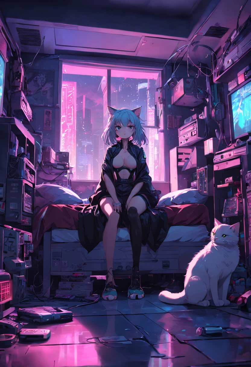 Beth,Cat lady,cyberpunk scene,Bedrooms
