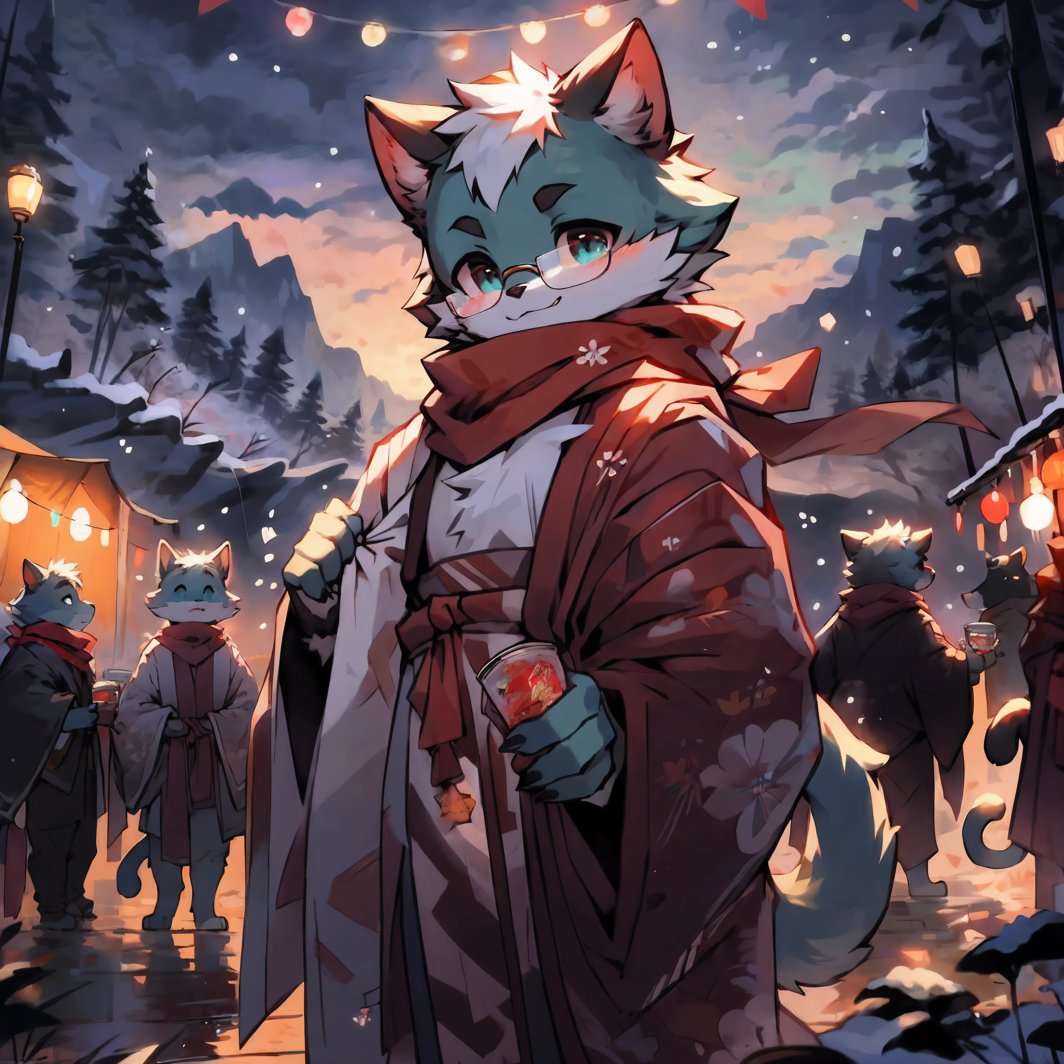 a fully grown and mature and aged adult cat with big circle glasses and a red scarf, the cat is very tall. a handsome cat fursona with teal fur color, the chest has white fur, white fur around mouth and cheeks, white hair, fluffy black cat ears, fluffy white neck, he is standing tall in a snowy place, looking up to the snowy sky with a bright smile. snowy landscape. bushy tail, and perked-up fluffy big ears, one ear is lowered. He wears a fluffy warm and cozy kimono, he is holding a warm cup of cacao in one hand and snacks in his other hand. he is walking through an alley full of vendors during a fireworks festival. His eyes are bright with wonder as he surveys the snowy woods outside the cabin, a lot of snowflakes fall down from the sky. The fully grown and mature and tall adult cat has a relaxed expression, ready to explore the outside world. the cat is tall. big trees covered by snow in the background, there are colorful fireworks in the snowy sky, there are steep and tall mountains in the background covered in snow, there are wooden houses in the background, It is sunset time and the perspective of view is zoomed out, with extremely detailed background