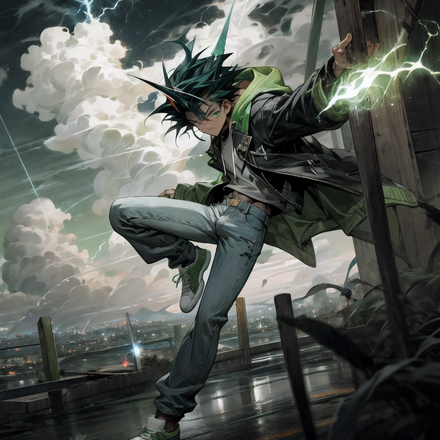 (masterpiece), best quality, 1boy, teenager, shounen, protagonist, light skin, black spiked hair, spiked hair,, one horn, curved horn, glowing green eyes, lightning coming out of eyes, green hoodie, green coat, white shirt, white plain shirt, blue jeans pants, long blue jeans pants, green sneakers, sneakers, lightning all over his body, cloudy sky, stormy sky, night sky, dynamic pose, dynamic angle