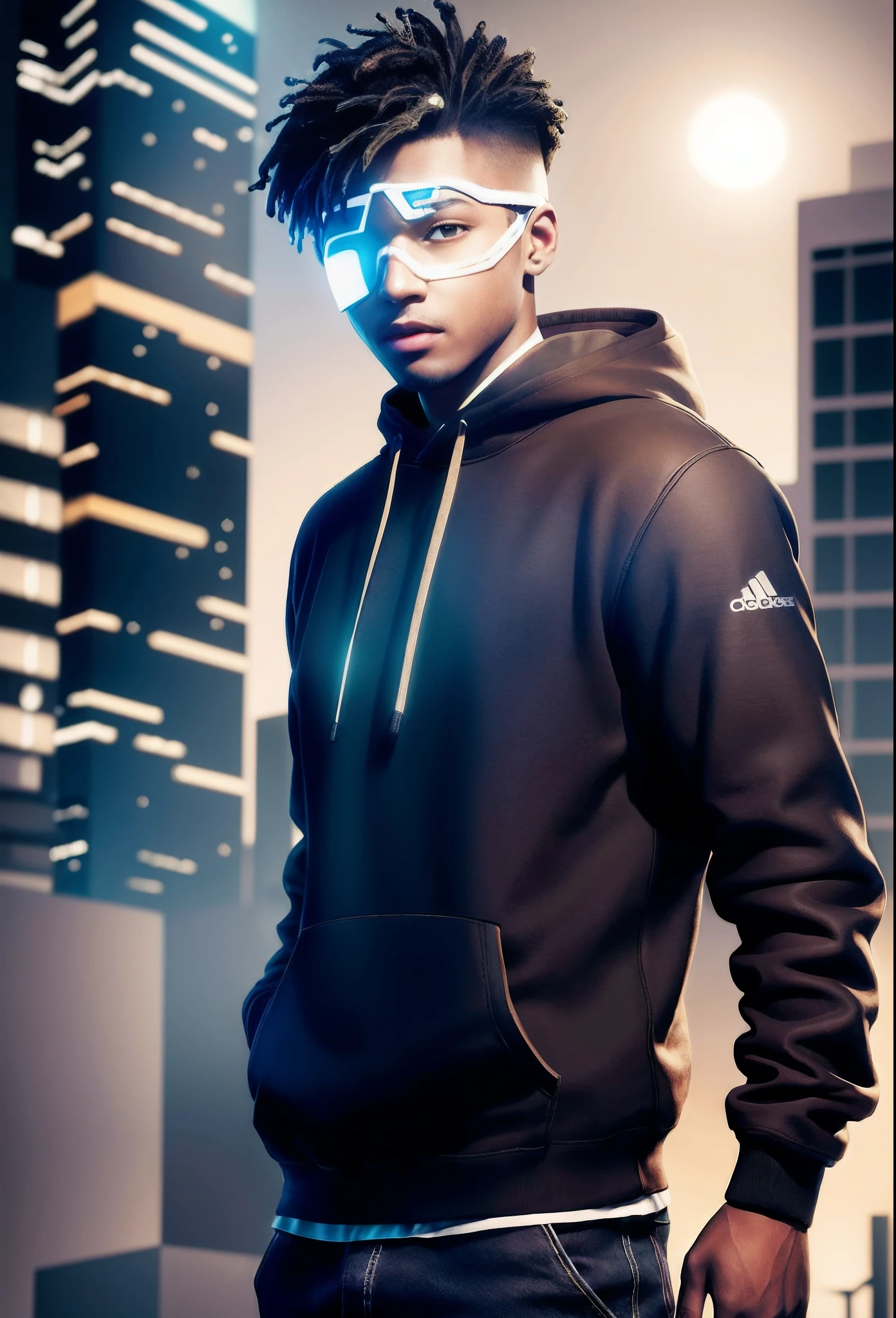 (( boy with light brown skin)),dancing pose,((Wear a hooded shirt)),((with brown eye))),looks into camera,A full face,((Cyberpunk night city in the background)),(((The starry sky of the full moon)),(((blue colors,Modern clothing in black and purple))),A smile appeared on his face,realistic shaded,detailed shadow,realistic raytraicing,Detailed light,Contour light,Pisif,art stations,ultra-detailliert,
