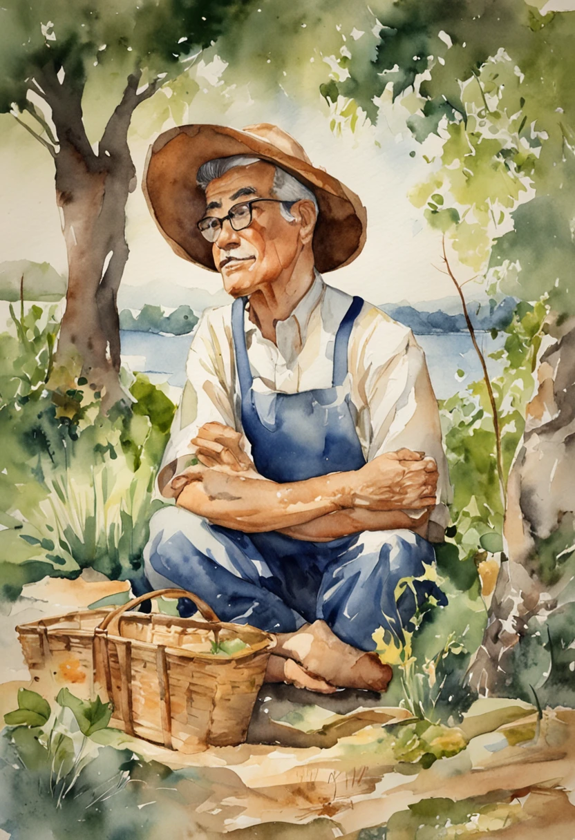 Um homem de meia-idade sentado na beira de um lago. Escrevendo em um livro. Roupas dos anos 1940. wears glasses. Cabelos grisalhos.