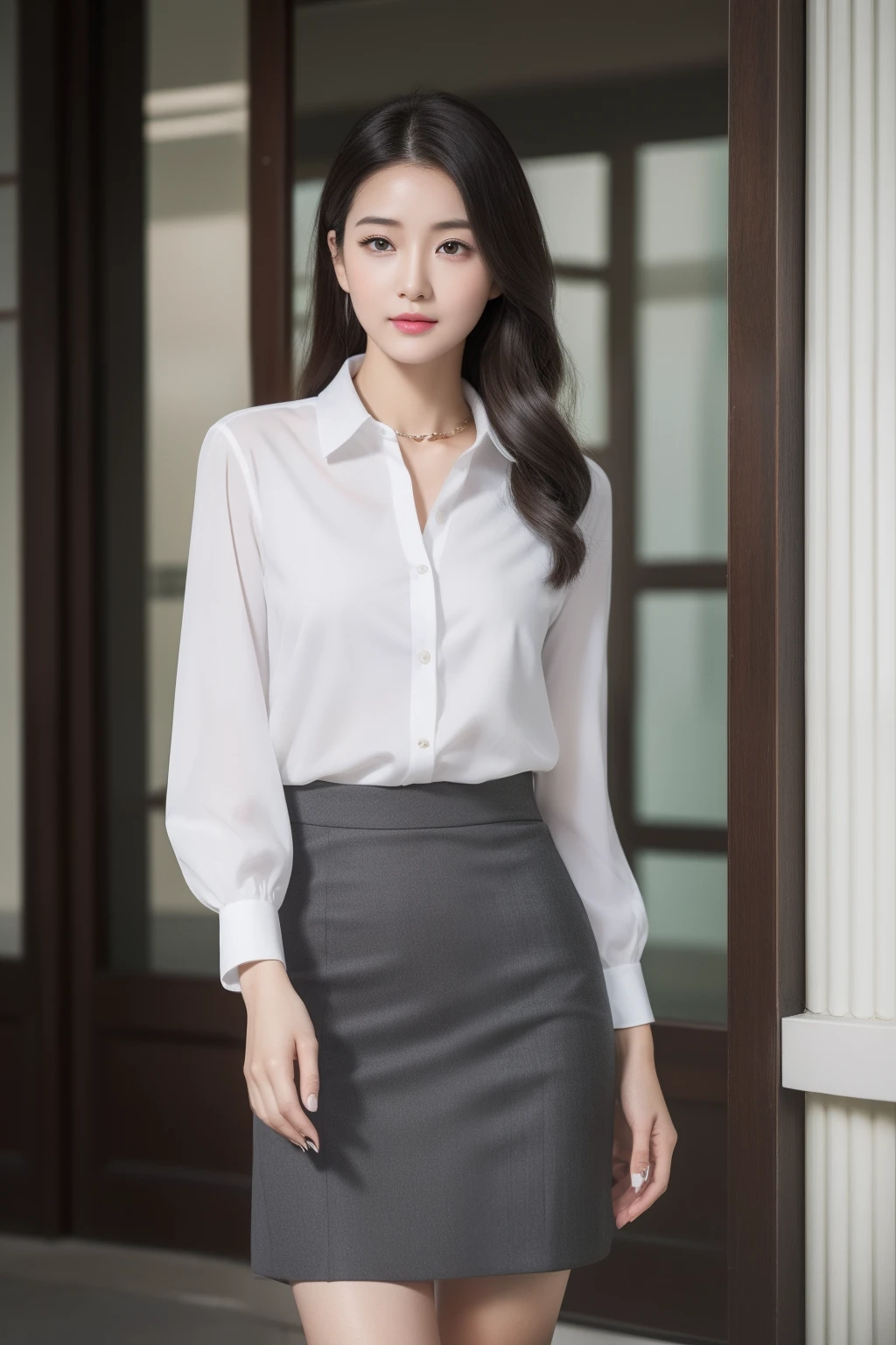 ulzang-6500-v1.1, (RAW photo:1.2), (Photorealistic:1.4), Beautiful detailed girl, Very detailed eyes and face, Beautiful detailed eyes, Super detailed, high resolution, Very detailed, Best quality, Full body street photography
外貌:
- Slender and curvy,Taller than normal,The tall figure stands out in the office。
- High nose bridge and well-defined features,Let her face radiate natural elegance and intelligence。
- Big shiny eyes,Bright as the stars,Reveals a dynamic glow。
- Smooth skin,Looks delicate and healthy,It adds a touch of mystery to her。
Makeup:
- Light and natural makeup,Highlight her native beauty,It makes people feel that she can confidently show her charm without too much embellishment。
- Slender and shaped eyebrows,Neatly outlined her eyes,Highlight her temperament and confidence。
- Apply light pink lipstick,Soft and charming,It adds a touch of playfulness。
clothes:
- High-quality professional wear,Cut to fit,Show her elegant and professional side。Classic black or dark gray suit with white shirt,It reflects her confidence and sense of authority。穿着黑丝袜,凸显长腿,高跟鞋
- The slender and slim curve of the legs is accentuated in the well-fitting skirt or shorts,It gives an impression full of confidence and charm。
- Accessories are simple and sophisticated,For example, a carefully selected watch or necklace,Add a delicate touch to the overall look。