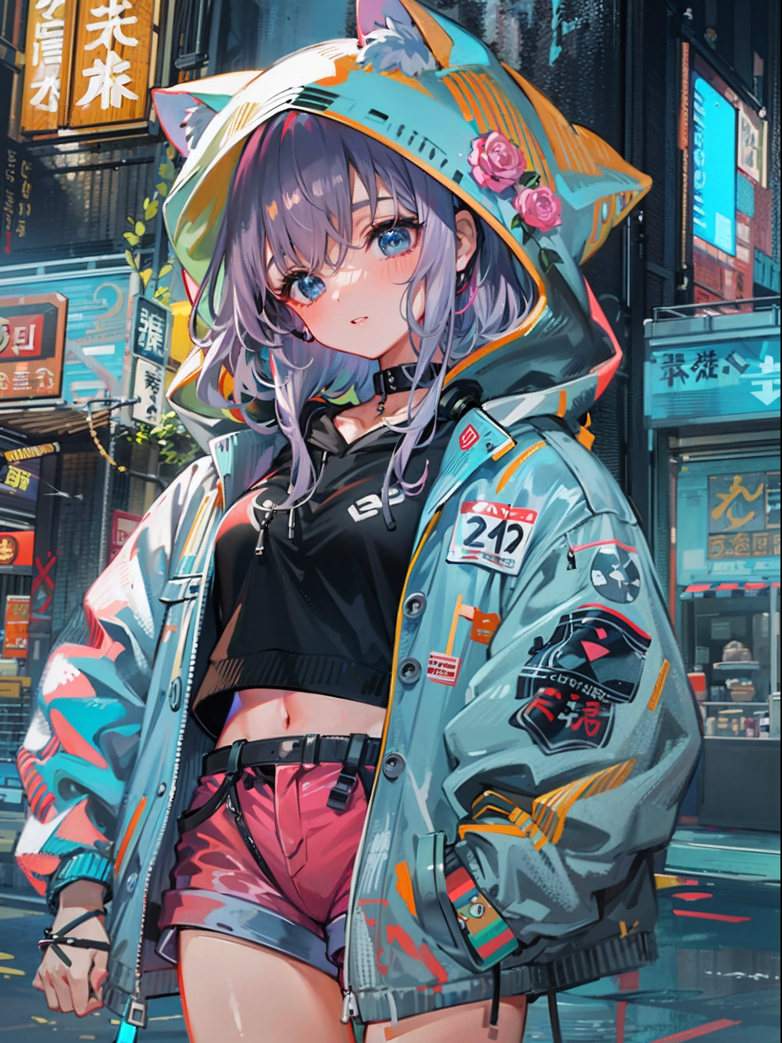 8K分辨率、((top-quality))、((​masterpiece))、((ultra-detailliert))、1 woman、独奏、incredibly absurdness、Oversized hoodies、headphones、Street、plein air、Sateen、Neon Street、Shortcut Hair、Brightly colored eyes、Hands in pockets、shortpants、water dripping