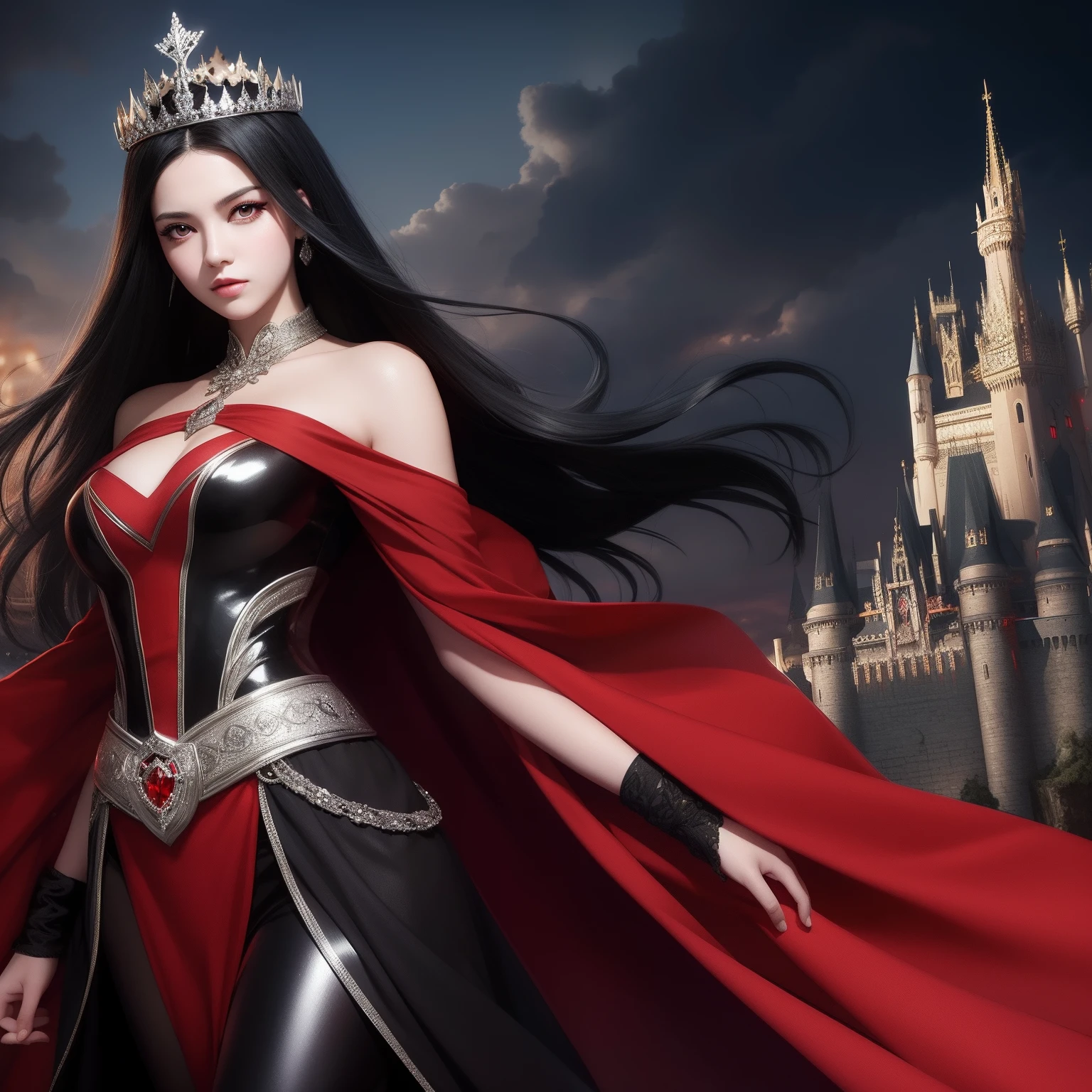 The woman, black hair and red eyes, shiny dress, silver crown, medieval background, red eyes, castle background