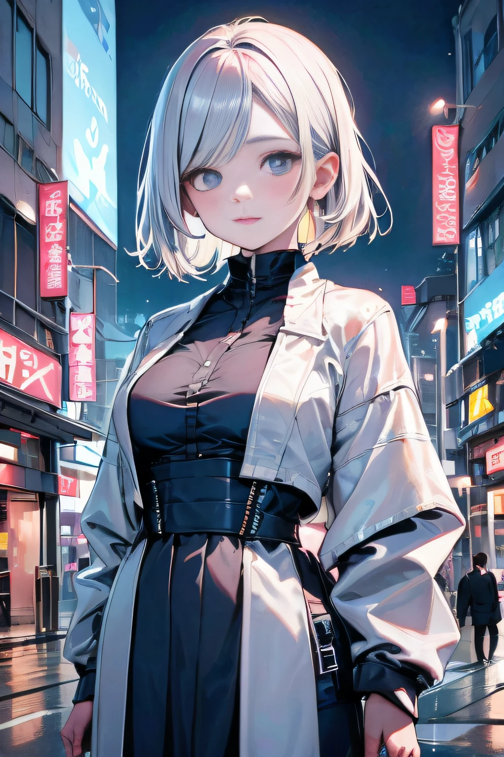 （excellence，Best-aesthetic，neo，newest，best qualtiy，tmasterpiece，The is very detailed，anime big breast，Waifu：1.2）
BREAK 
1girl， 独奏， with short white hair， eBlue eyes， White jacket， the street， the night， neonlight