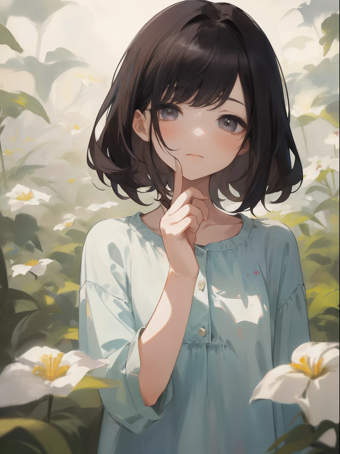 masterpiece, top-quality, 1girl in, The upper part of the body,,shorth hair, , A dark-haired, Casual clothing, frilld, 、Focus on the face、The viewer is the viewer's gaze、absence、sleepy、relax