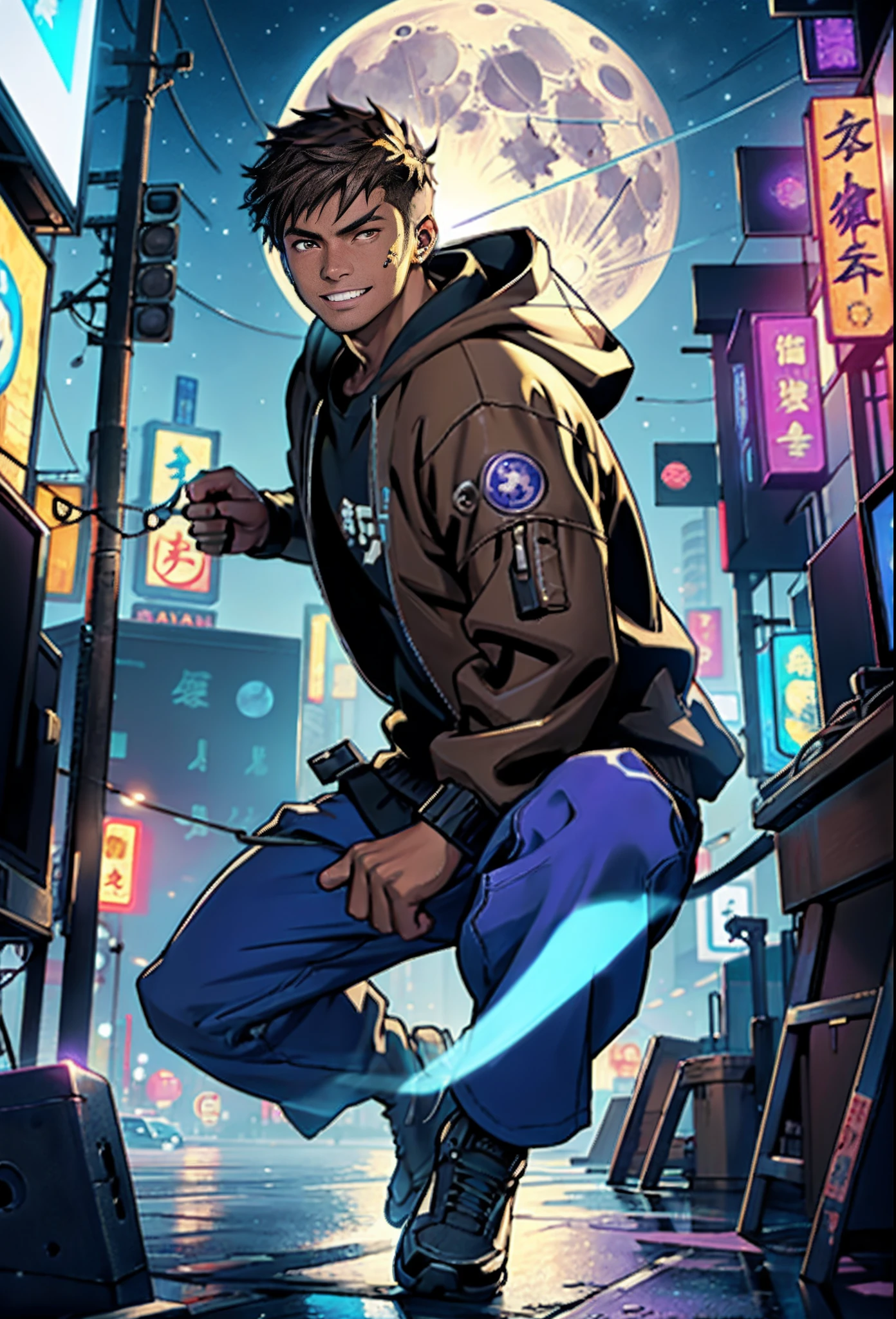 （（17 year old boy with light brown skin）），kung fu pose，（（Wear a hooded shirt）），（（with brown eye））），looks into camera，A full face，（（Cyberpunk night city in the background）），（（（The starry sky of the full moon）），（（（blue colors，Modern clothing in black and purple））），A smile appeared on his face，realistic shaded，detailed shadow，realistic raytraicing，Detailed light，Contour light，Pisif，art  stations，ultra-detailliert，