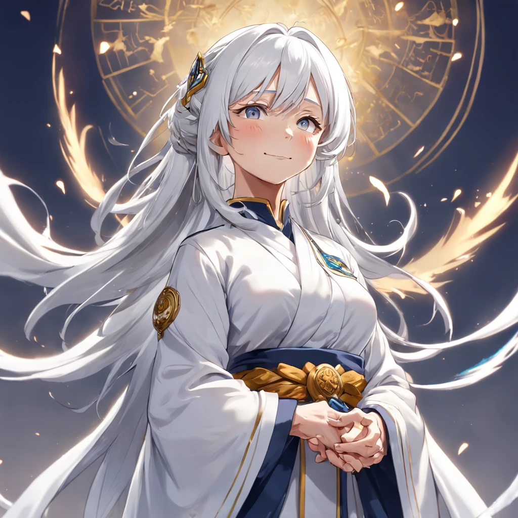 Altruistic banker woman, game character, ((full body)), 80 years old, power of prayer, overflowing with kindness, smiling, white hair, 8K, masterpiece, white background