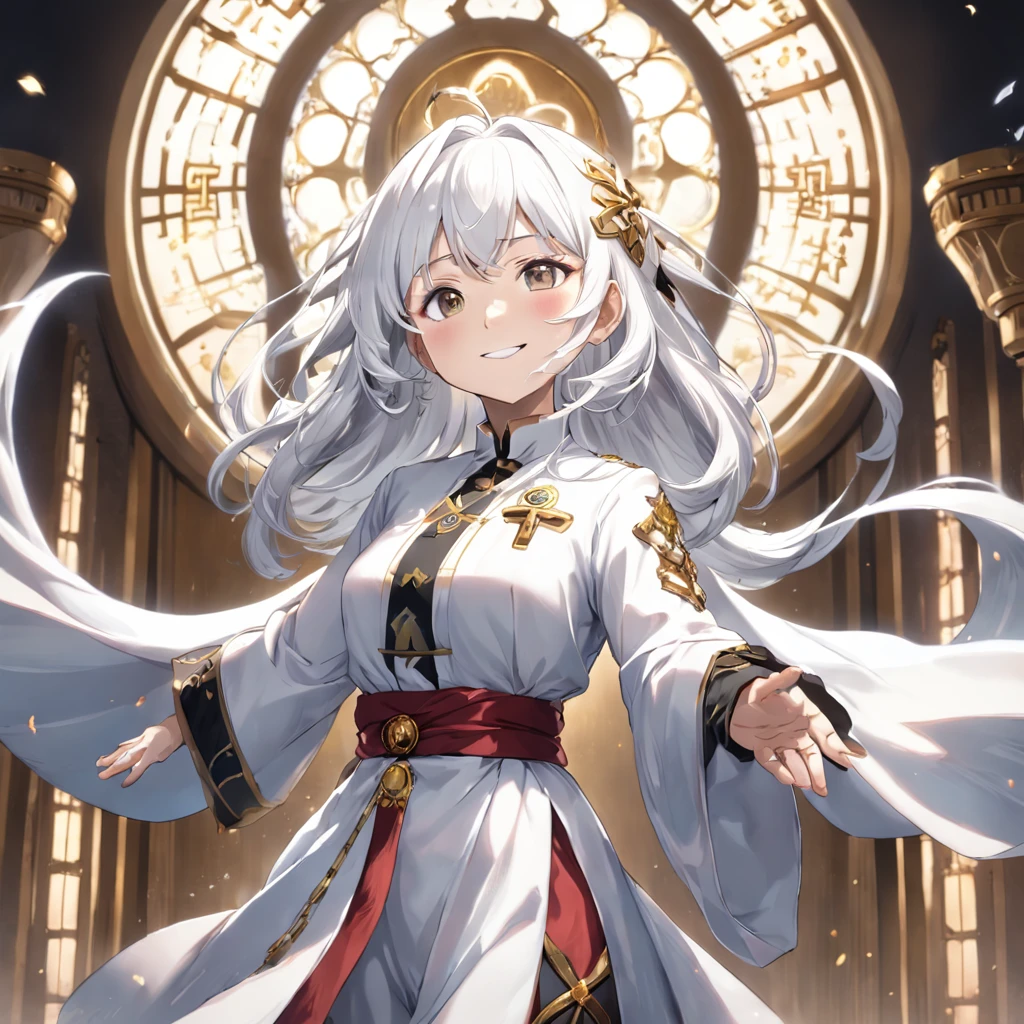Altruistic banker woman, game character, ((full body)), 80 years old, power of prayer, overflowing with kindness, smiling, white hair, 8K, masterpiece, white background