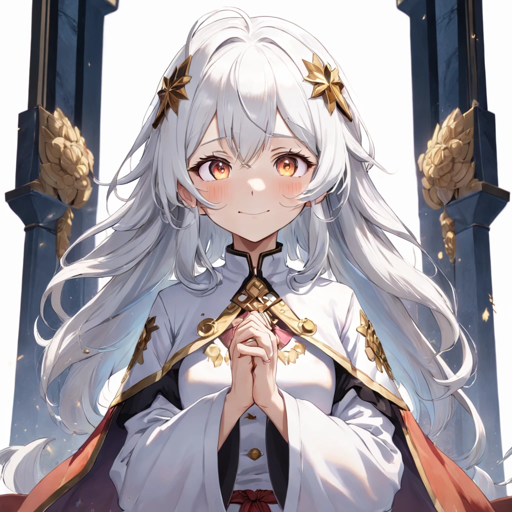 Altruistic banker woman, game character, ((full body)), 80 years old, power of prayer, overflowing with kindness, smiling, white hair, 8K, masterpiece, white background