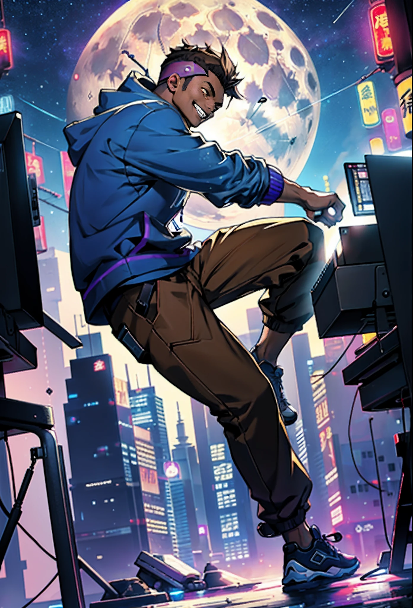 (( boy with light brown skin)),kung fu pose,((Wear a hooded shirt)),((with brown eye))),looks into camera,A full face,((Cyberpunk night city in the background)),(((The starry sky of the full moon)),(((blue colors,Modern clothing in black and purple))),A smile appeared on his face,realistic shaded,detailed shadow,realistic raytraicing,Detailed light,Contour light,Pisif,art stations,ultra-detailliert,