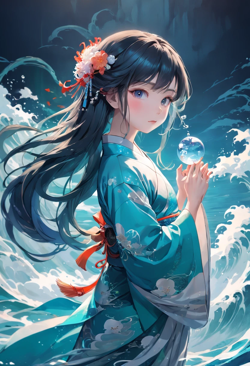 ((Masterpiece,Best quality)),(1girll, Solo:1.4),美丽细致的眼睛，floated hair，white backgrounid，Buble，Fluorescence，Water made up of girls，Gorgeous Chinese costumes,clean backdrop，National tide wind，​​clouds，wave，Eau，wave，Water Technique，1girll，Flying long hair，florals，An oriental dragon composed of water，Cyan and white，Works of masters，HighestQuali，high detal，8K