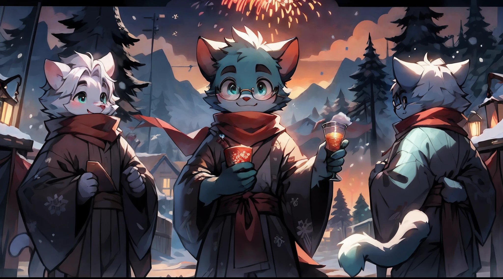 a fully grown and mature and aged adult cat with big circle glasses and a red scarf, the cat is very tall. a handsome cat fursona with teal fur color, the chest has white fur, white fur around mouth and cheeks, white hair, fluffy black cat ears, fluffy white neck, he is standing tall in a snowy place, looking up to the snowy sky with a bright smile. snowy landscape. bushy tail, and perked-up fluffy big ears, one ear is lowered. He wears a fluffy warm and cozy kimono, he is holding a warm cup of cacao in one hand and snacks in his other hand. he is walking through an alley full of vendors during a fireworks festival. His eyes are bright with wonder as he surveys the snowy woods outside the cabin, a lot of snowflakes fall down from the sky. The fully grown and mature and tall adult cat has a relaxed expression, ready to explore the outside world. the cat is tall. big trees covered by snow in the background, there are colorful fireworks in the snowy sky, there are steep and tall mountains in the background covered in snow, there are wooden houses in the background, It is sunset time and the perspective of view is zoomed out, with extremely detailed background