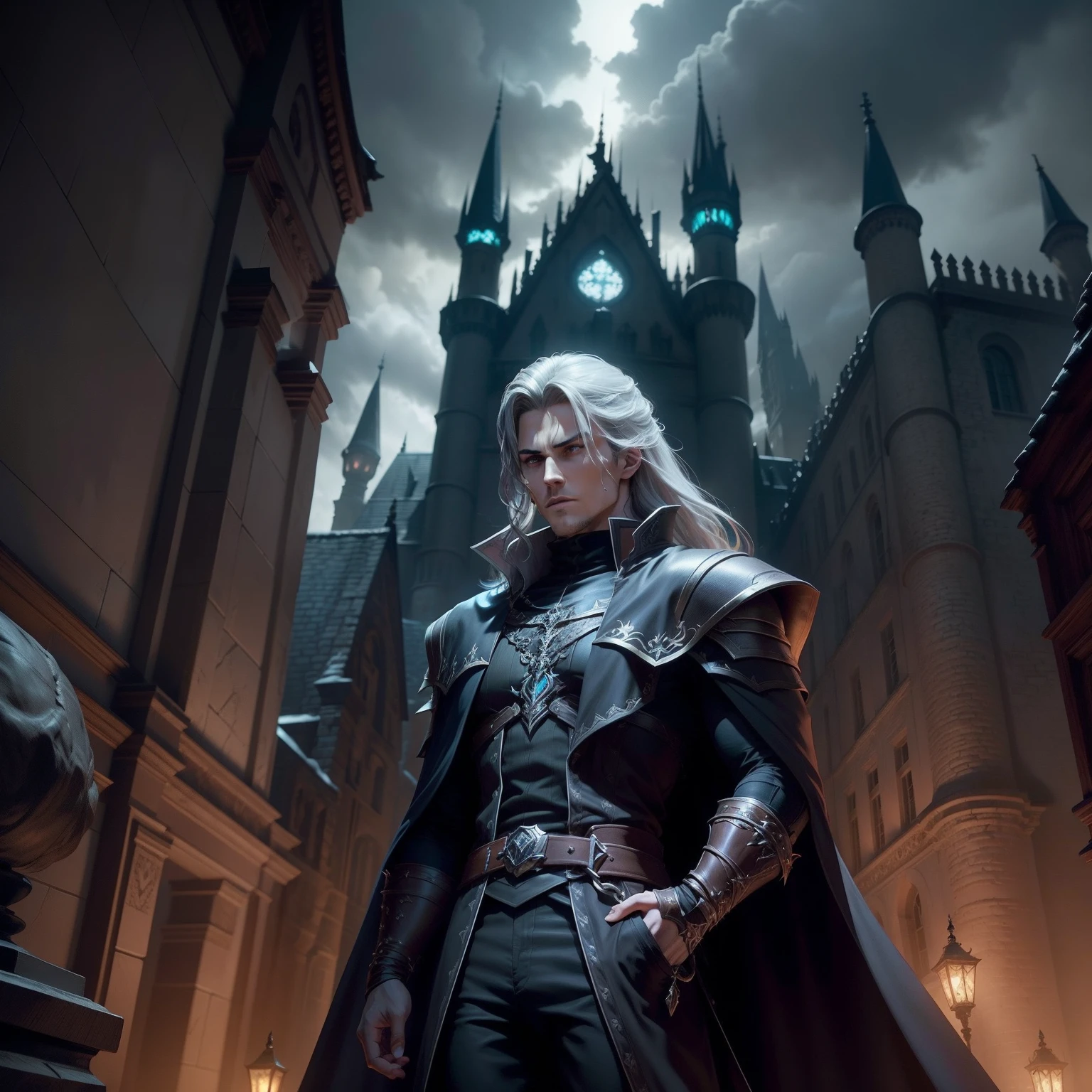 Composez une description vivante du monde sombre et gothique de 'Castlevania: Lords of the Shadows.Explore the treacherous landscapes, Obsessive castles, and the epic battle between the Brotherhood of Light and the Dark Ones. Highlight the journey of protagonist Gabriel Belmont as he embarks on a quest to defeat evil and save the world from the grip of supernatural creatures. Plongez dans la riche narration du jeu, Action intense, and complex traditions that captivate players in this action-adventure masterpiece."Crisp details super super detailed hyper realistic very sharp details.