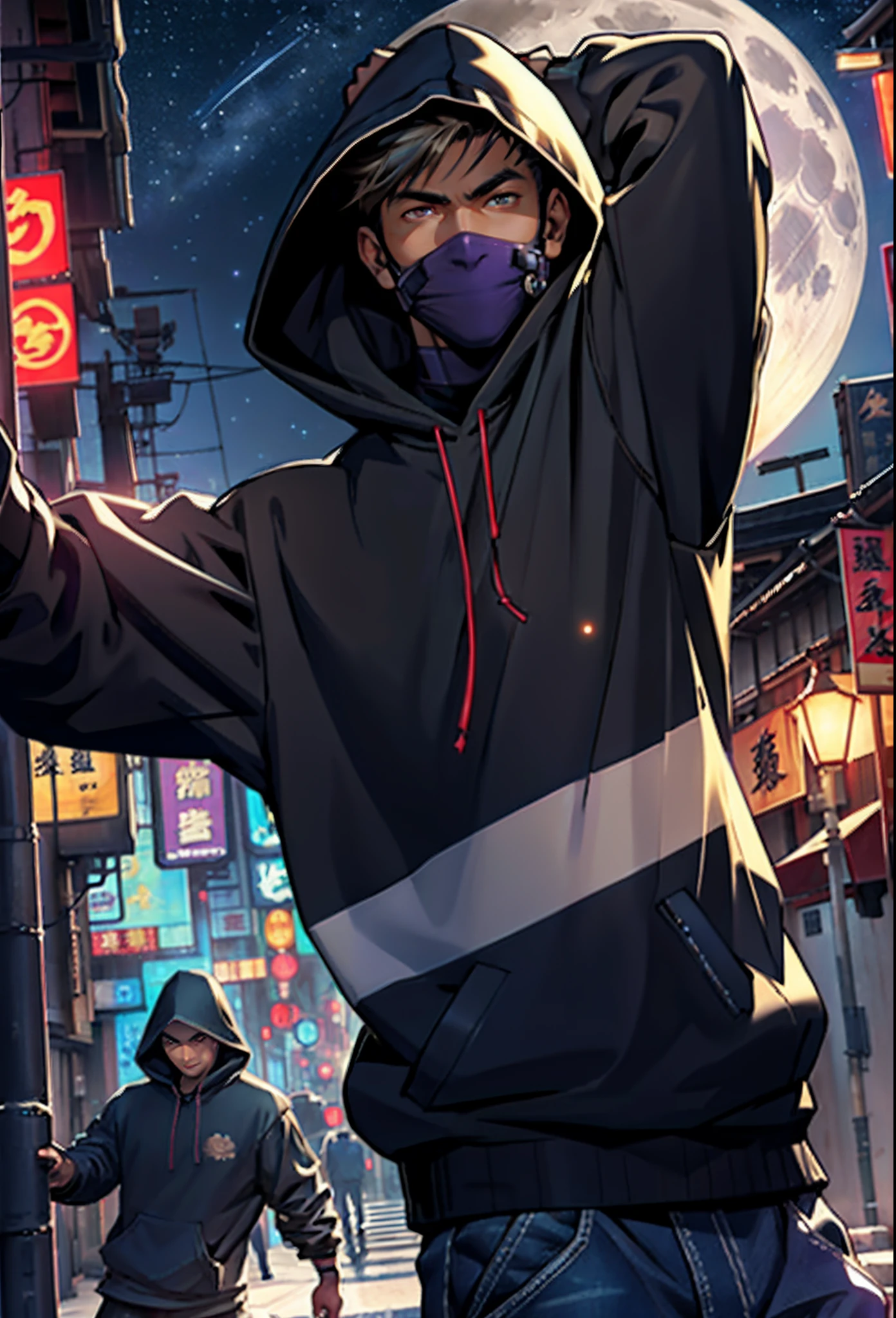 （（17 year old boy with light brown skin）），Kung Fu pose，（（Wear a hooded shirt）），（（with brown eye））），looks into camera，A full face，（（Cyberpunk night town in the background）），（（（The starry sky of the full moon）），（（（blue colors，Modern clothing in black and purple））），A slight smile on his face，realistic shaded，detailed shadow，realistic raytraicing，Detailed light，Contour light，pixiv，artstation，ultra-detailliert，