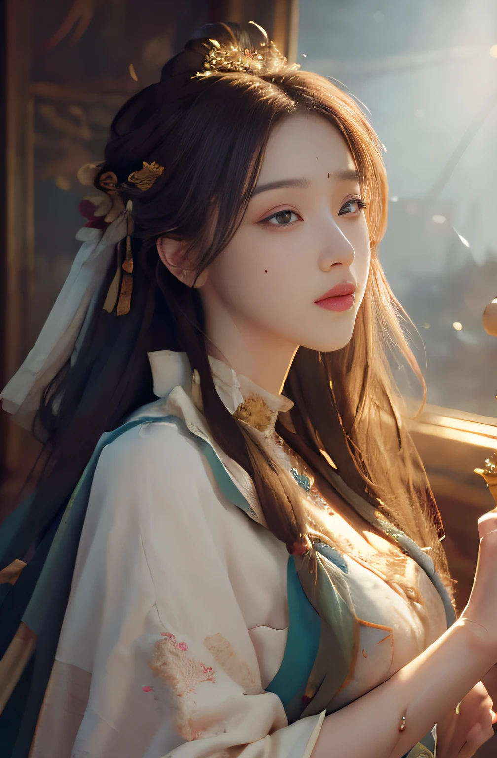 nsfw,(RAW photo, best quality),(realistic, photo-realistic:1.3),best quality,highly detailed,masterpiece,ultra-detailed,illustration,1girl,upper_body,dynamic angle,world masterpiece theater,messy_long_hair,best quality,extremely detailed CG unity 8k wallpaper,ink,Amazing,cinematic lighting,lens_flare,dunhuang_style,