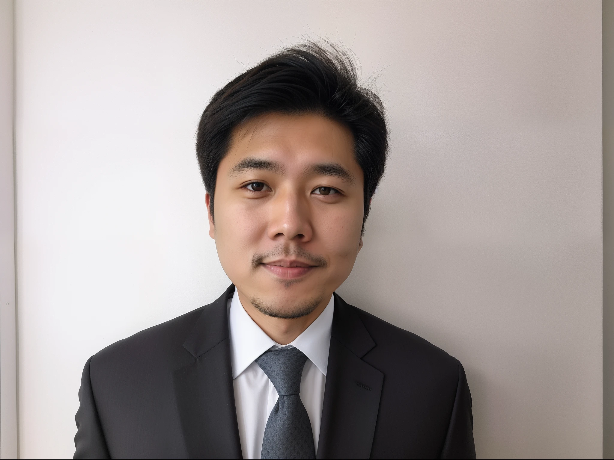 Man in suit and tie standing in front of wall, A smile、No beard。masahiro ito, takashi takeuchi, takashi takeuchi, hiroyuki-mitsume takahashi, hiromasa ogura, Haruhiko Mikimoto, tetsuya ichida, junichi oda, saito takao, masashi ando