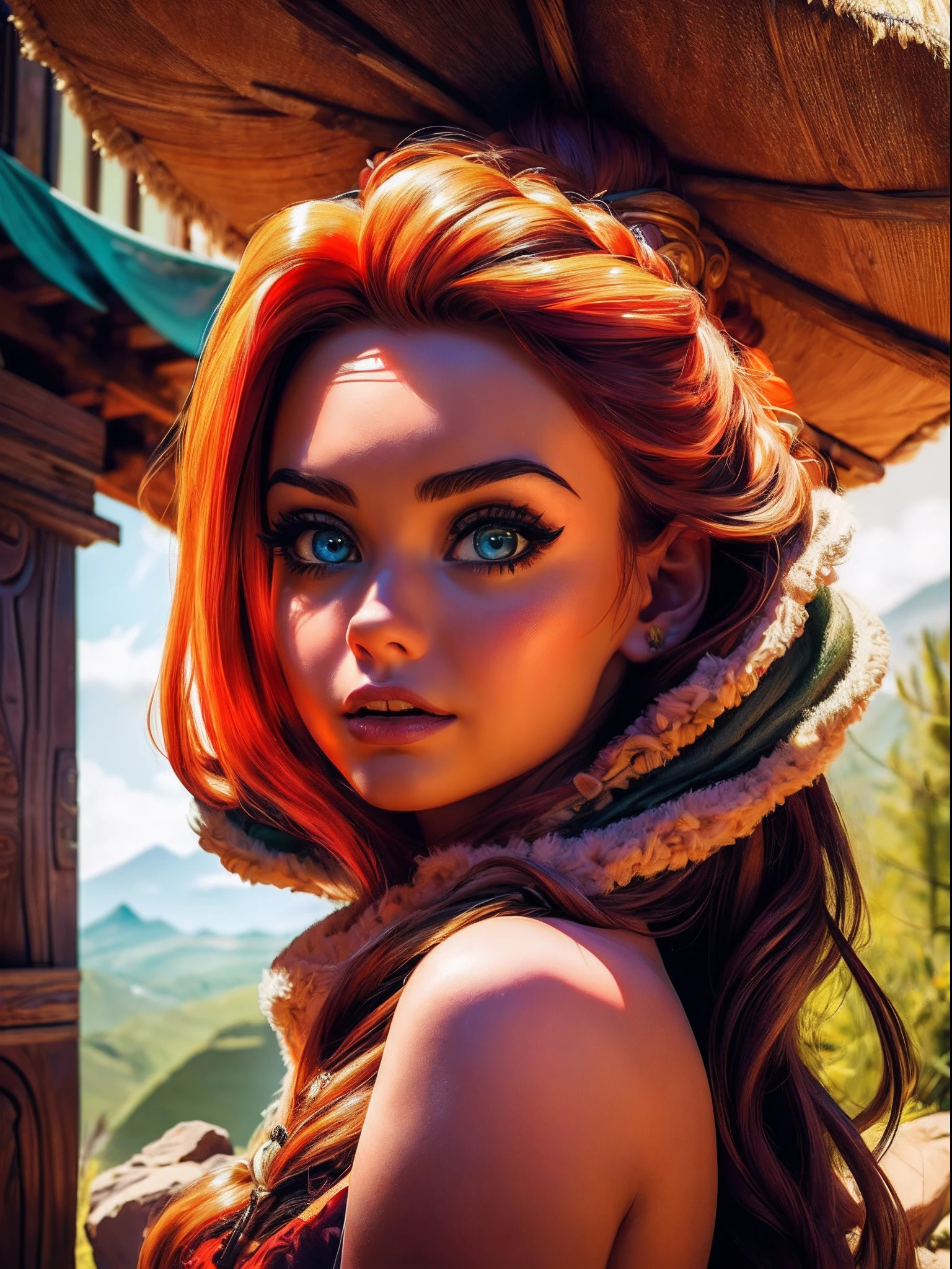 (masterpiece), (best quality), (ultra-detailed), Ultra detailed masterpiece best quality, masterpiece, high definition,, Twisted Disney, horror, Princess Merida, post-apocalyptic, colorful, hyperdetailed, dystopian, elemental, ethereal, whimsical, photorealistic,