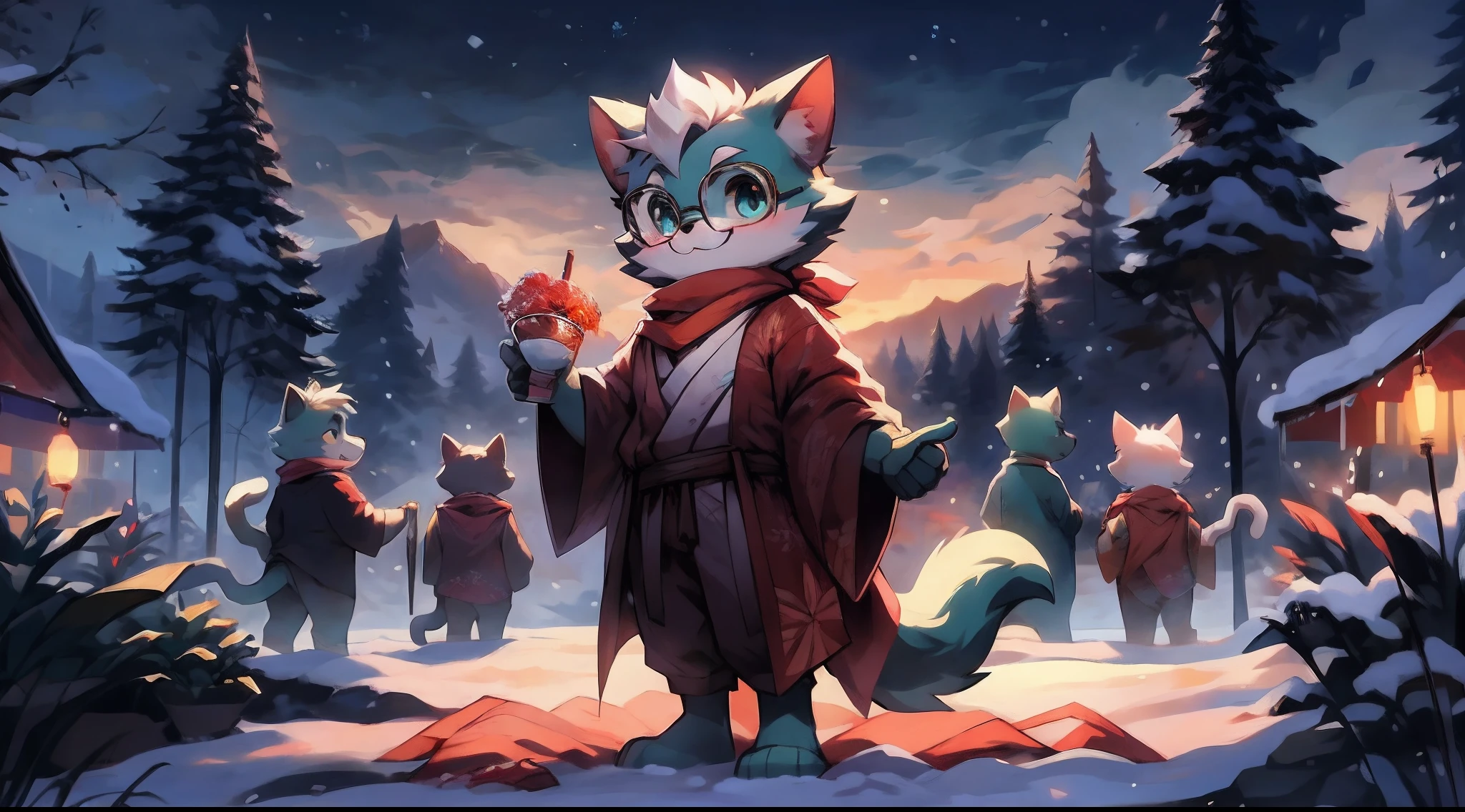 a fully grown and mature and aged adult cat with big circle glasses and a red scarf, the cat is very tall. a handsome cat fursona with teal fur color, the chest has white fur, white fur around mouth and cheeks, white hair, fluffy black cat ears, fluffy white neck, he is standing tall in a snowy place, looking up to the snowy sky with a bright smile. snowy landscape. bushy tail, and perked-up fluffy big ears, one ear is lowered. He wears a fluffy warm and cozy kimono, he is holding a warm cup of cacao in one hand and snacks in his other hand. he is walking through an alley full of vendors during a fireworks festival. His eyes are bright with wonder as he surveys the snowy woods outside the cabin, a lot of snowflakes fall down from the sky. The fully grown and mature and tall adult cat has a relaxed expression, ready to explore the outside world. the cat is tall. big trees covered by snow in the background, there are colorful fireworks in the snowy sky, there are steep and tall mountains in the background covered in snow, there are wooden houses in the background, It is sunset time and the perspective of view is zoomed out, with extremely detailed background