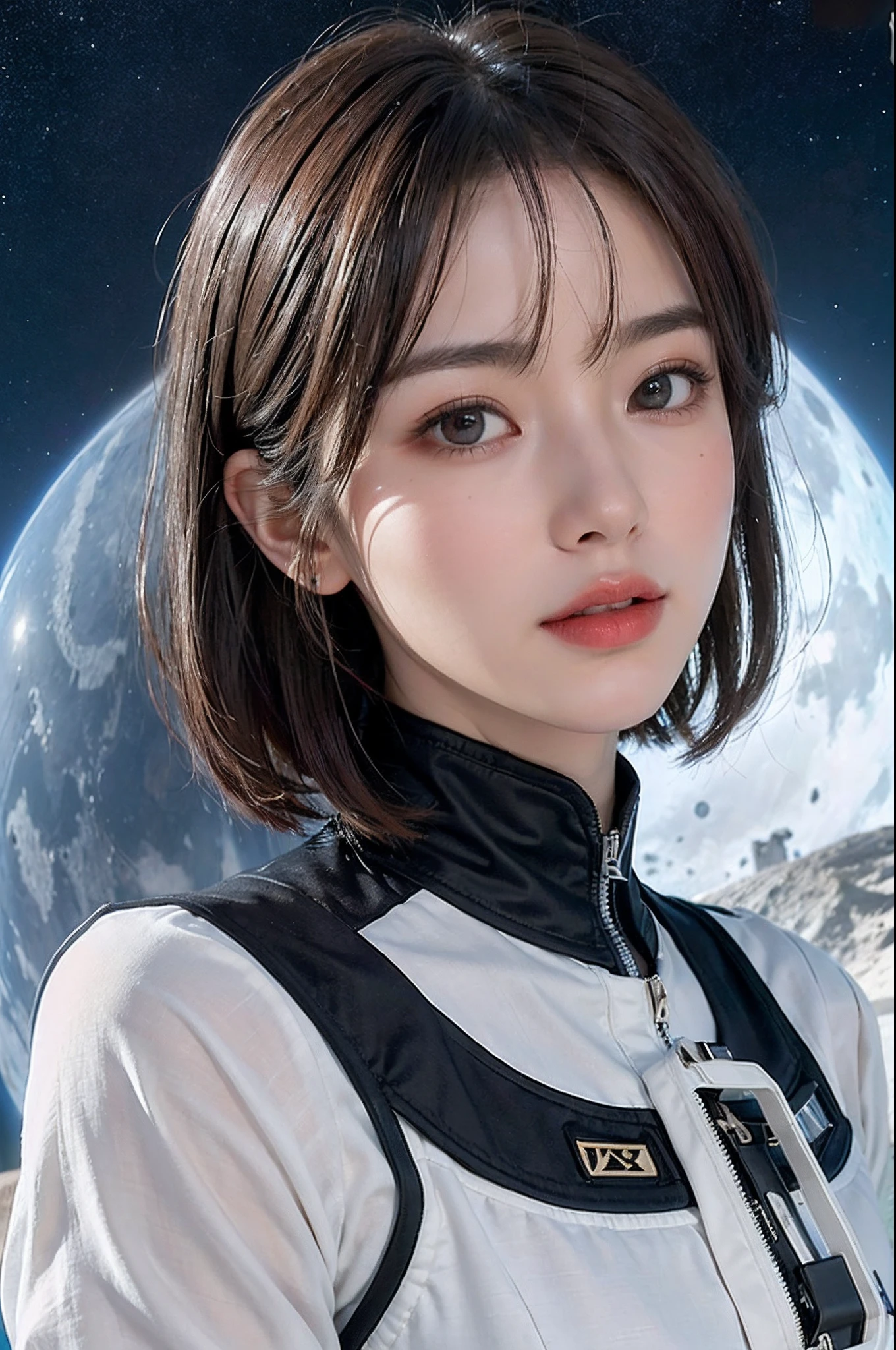 top-quality、​masterpiece、超A high resolution、(realisitic:1.4)、１femele、Beautiful detail eyes and skin、ssmile、Light brown short-cut hair、Petite bust、The perfect spacesuit、spaceships、Desolate and mysterious planet、Mysterious Giant Ruins、in isekai、Aurora、